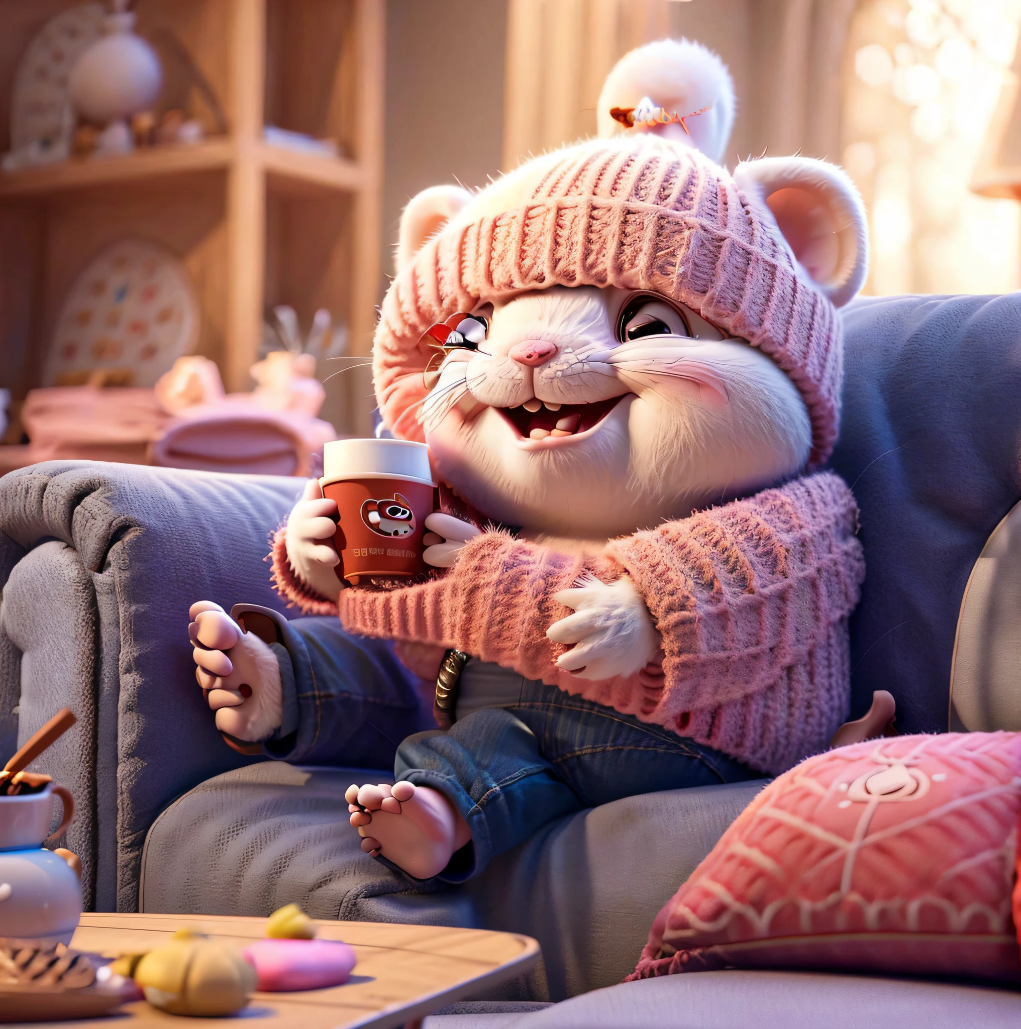 Cartoon rat sitting on couch with a cup of coffee, cute 3 d render, lovely digital painting, pixar cute character design, Cute cartoon character, cute pixar character, Animated Movies, trending on cgstation, Animated Movies, Cute detailed digital art, animated movie still, cute character, adorable digital art, 3 d animated movie, atey ghailan 8 k