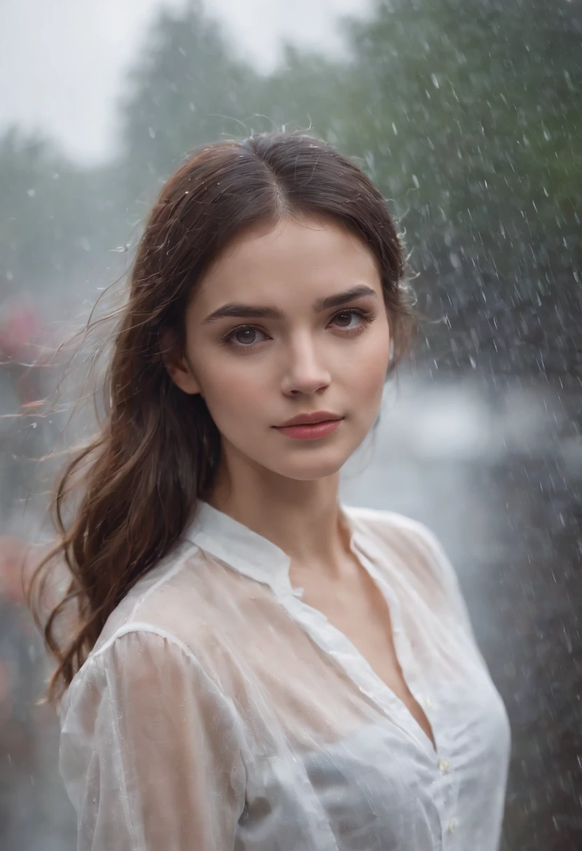 A beautiful girl wearing white transparent shirt in rainy day,