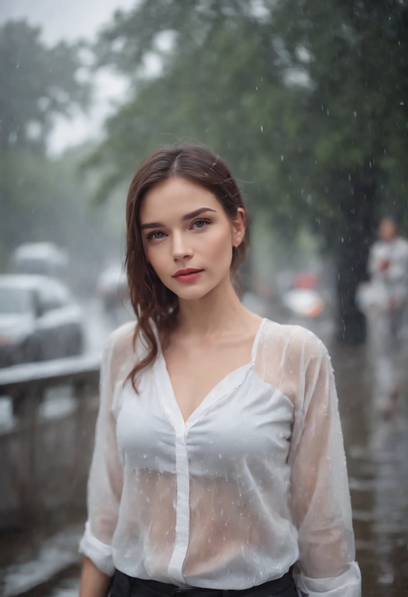 A beautiful girl wearing white transparent shirt in rainy day,
