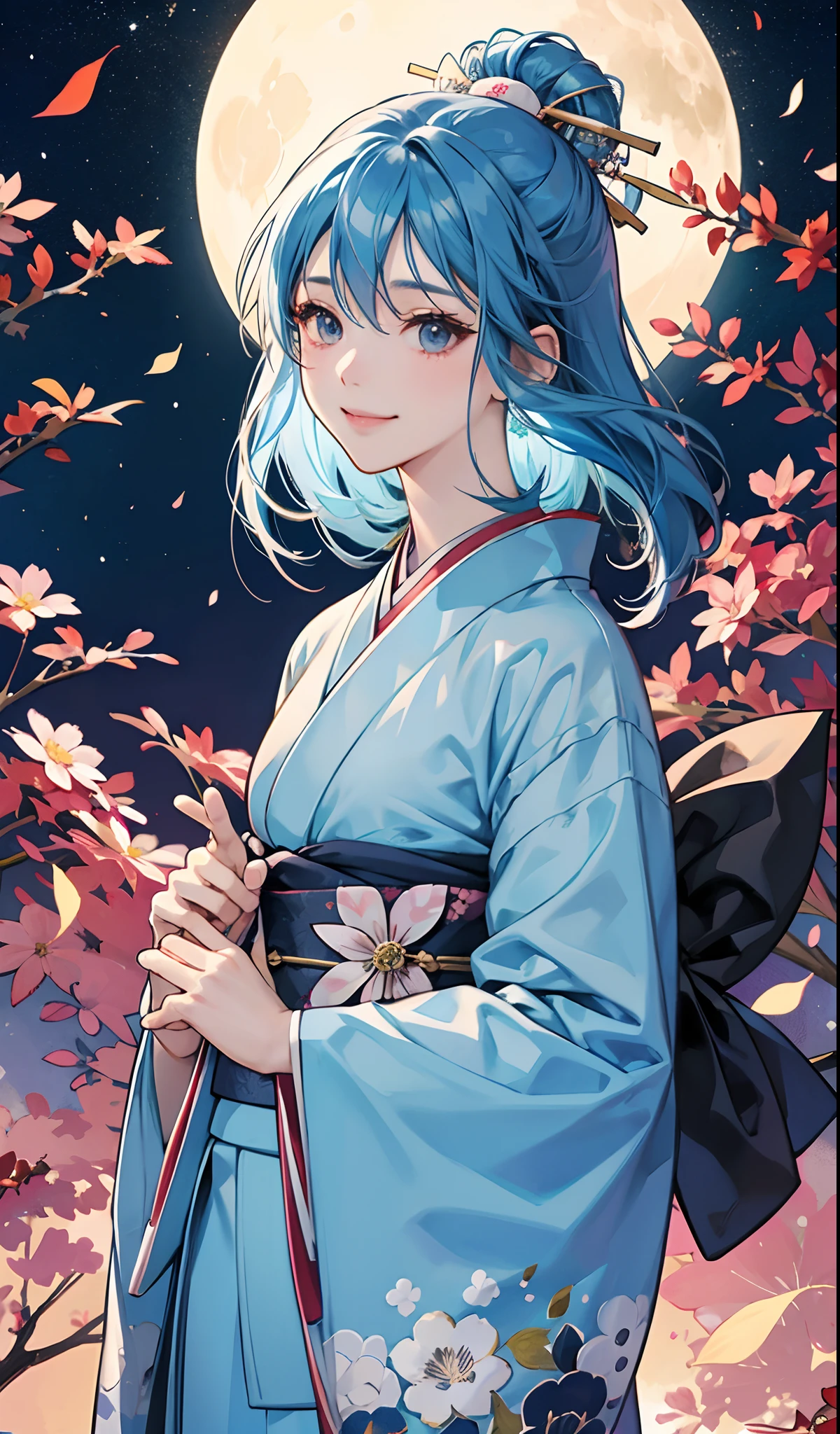 Beautiful girl alone、sky blue hair、length hair、a smile、Black eyes、独奏、Kimono with a bright floral pattern、lonely、Colored leaves、natta、a moon