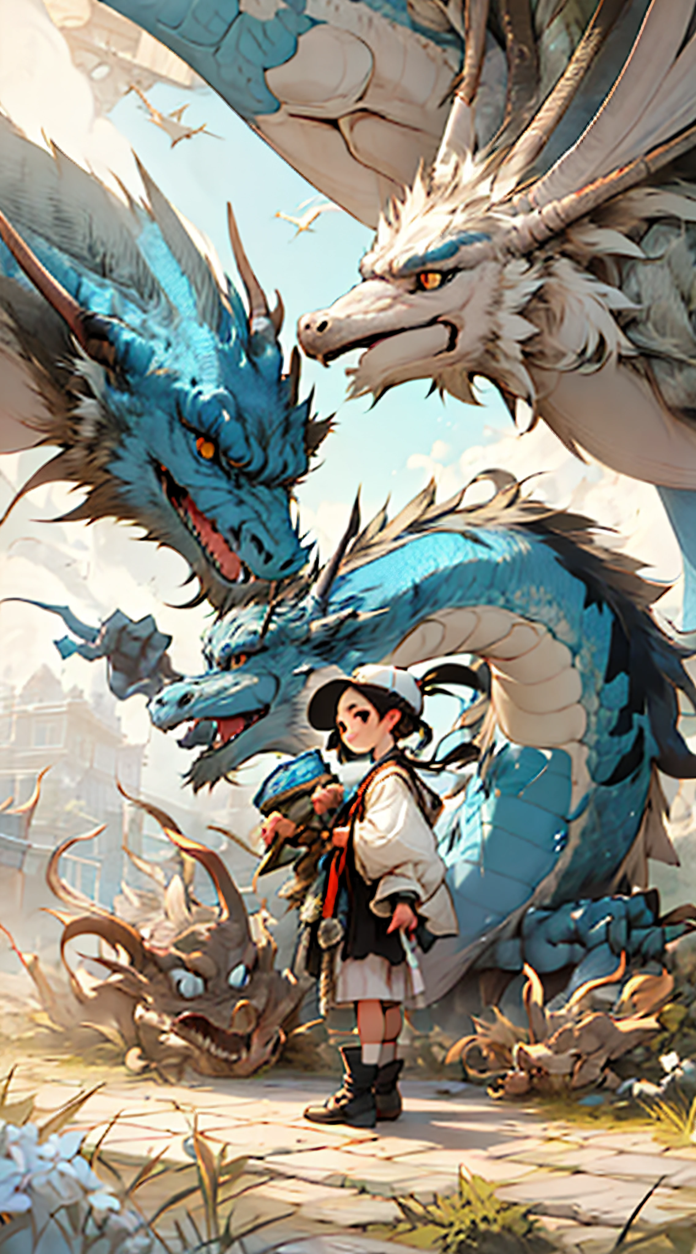girl, letterboxed, holding, outdoors, bird, standing, cloud, 1boy, weapon, from behind, sky, cloudy sky, animal, holding weapon, eastern dragon, monster, 1other, hat, fog,