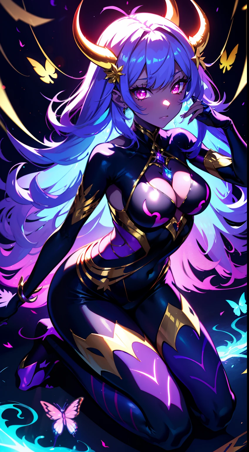 masterpiece, full body pose of a beautiful anime demon girl, glowing eyes, colorful bright neon colors, gold horns, glowing magic symbols, spectral magic, mystical forest, glowing butterflies, purple skin, blue skin, purple body, purple teal hot neon pink tones