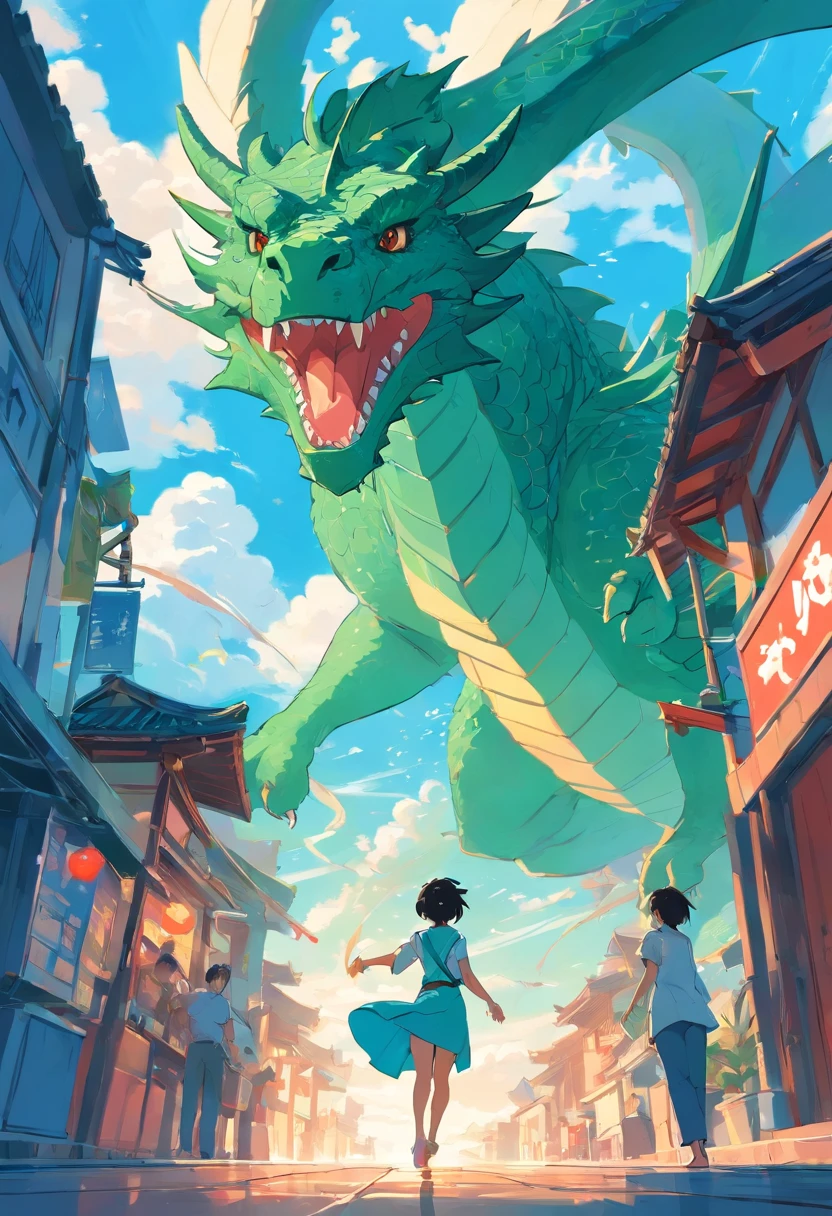dragon chasing woman of blue sky, in the style of laurie greasley, colorful storytelling, miwa komatsu, casey childs, asian-inspired, energy-filled illustrations, green and aquamarine --ar 3:4 --s 750