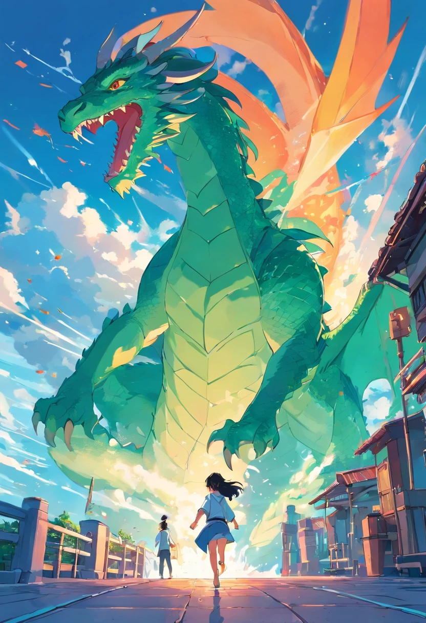 dragon chasing woman of blue sky, in the style of laurie greasley, colorful storytelling, miwa komatsu, casey childs, asian-inspired, energy-filled illustrations, green and aquamarine --ar 3:4 --s 750