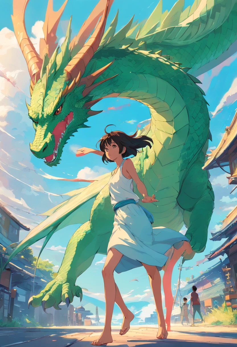 dragon chasing woman of blue sky, in the style of laurie greasley, colorful storytelling, miwa komatsu, casey childs, asian-inspired, energy-filled illustrations, green and aquamarine --ar 3:4 --s 750