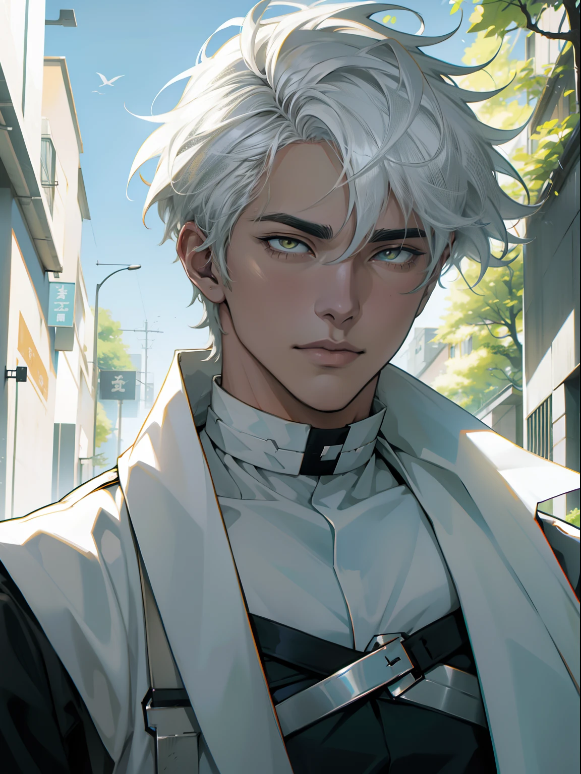 Anime character with white hair and yellow eyes standing in front of a green tree, Hajime Yatate, Dios de pelo blanco, Nagito Komaeda, Koyoharu Gotouge, Retrato de anime de un hombre guapo, Hombre alto de anime con ojos amarillos, Anime hombre guapo, Un loco de pelo plateado, Cangcang de pelo blanco, Chico guapo en el arte del asesino de demonios, Arte oficial