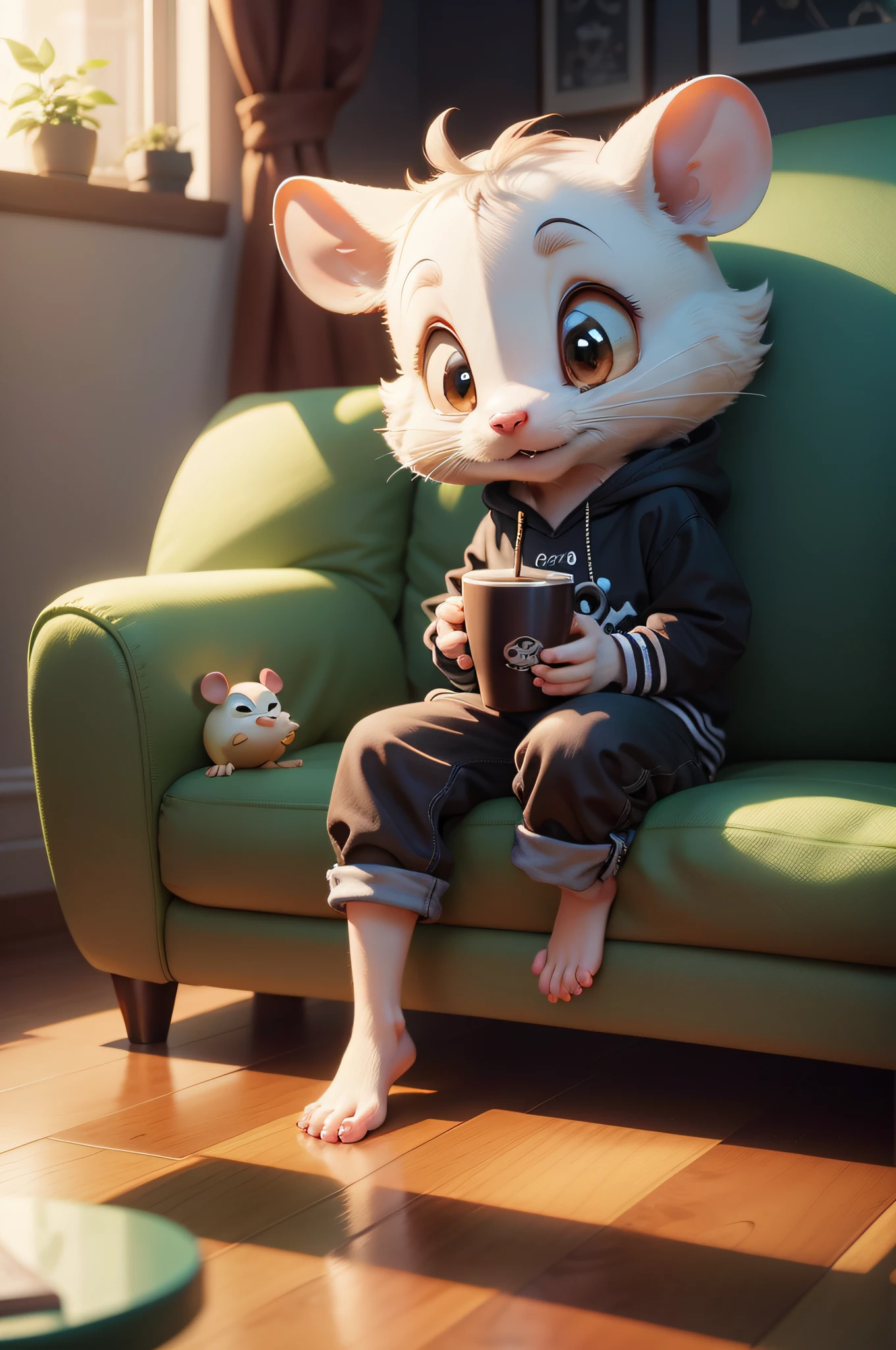 Cartoon rat sitting on couch with a cup of coffee, cute 3 d render, lovely digital painting, pixar cute character design, Cute cartoon character, cute pixar character, Animated Movies, trending on cgstation, Animated Movies, Cute detailed digital art, animated movie still, cute character, adorable digital art, 3 d animated movie, atey ghailan 8 k