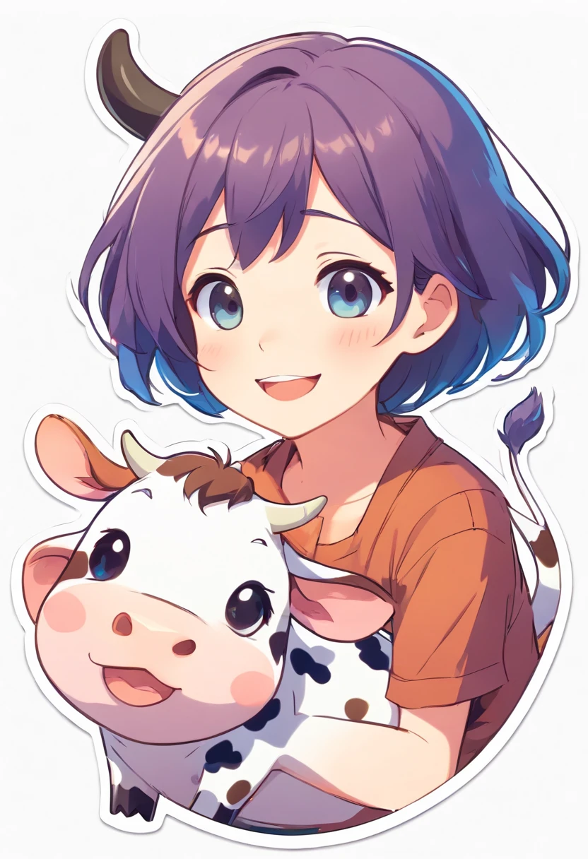 Kawaii Happy Cow Sticker , vectorial , contours , White background