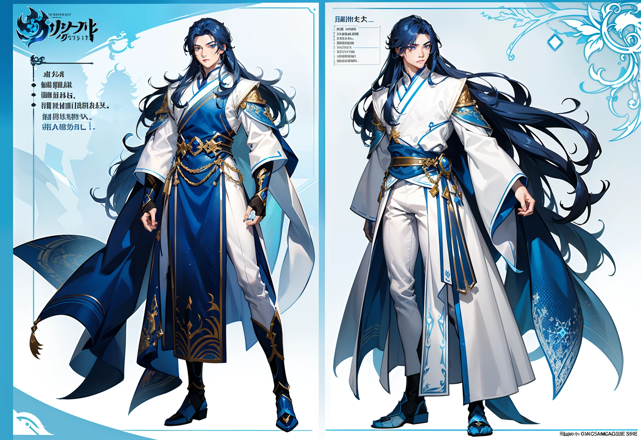 1boy, single, asian boy, reference sheet, character design, front angle, side angle, rear angle, dynamic poses, (masterpiece:1.2), (best quality:1.3), ice fantasy outfit, muscle body, athletic body. (Blue eyes), (long hair), (long bangs), (blue hair), (pale skin), lean (reference sheet:1.5)