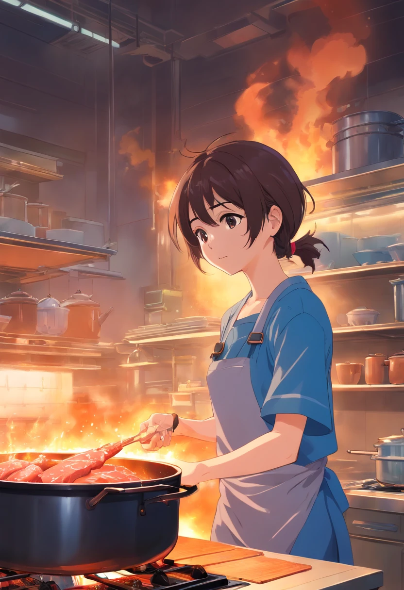 The whole process of anime characters boiling beef