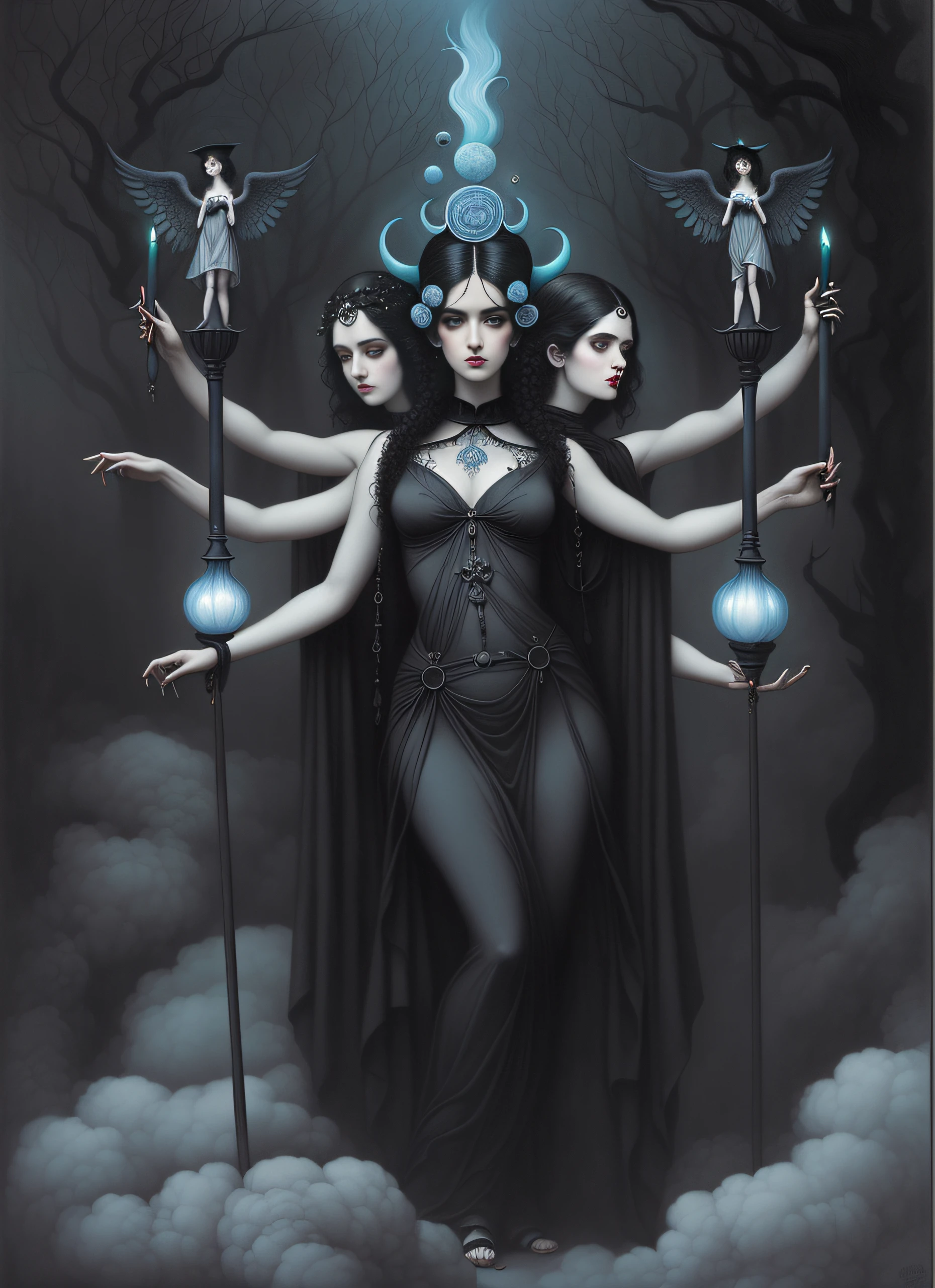 Imagen de Arafed de una mujer con cuatro manos y mucho humo, hecate, hecate goddess, Tom Bagshaw Artstyle, Artstyle Tom Bagshaw, Arte Tom Bagshaw, Estilo de Tom Bagshaw, Estilo Tom Bagshaw, Diosa oscura con seis brazos, Tom Bagshaw. aceites, Al estilo de Tom Bagshaw, Inspirado Tom Bagshaw