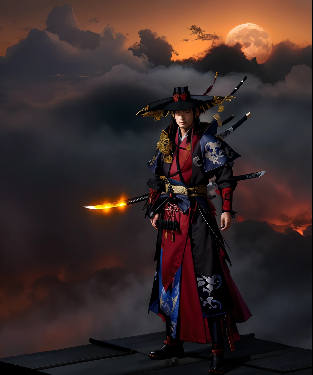 Close-up of a man standing on a platform with a sword, full-body wuxia, masamune, Samurai clothes, shirow masamune, Demon Samurai, bow ashigaru, epic samurai warrrior, ferred - themed robes and hat, lunar themed attire, clothed in old samurai uniform, ingame image, Wearing a cloak on the blasted plain