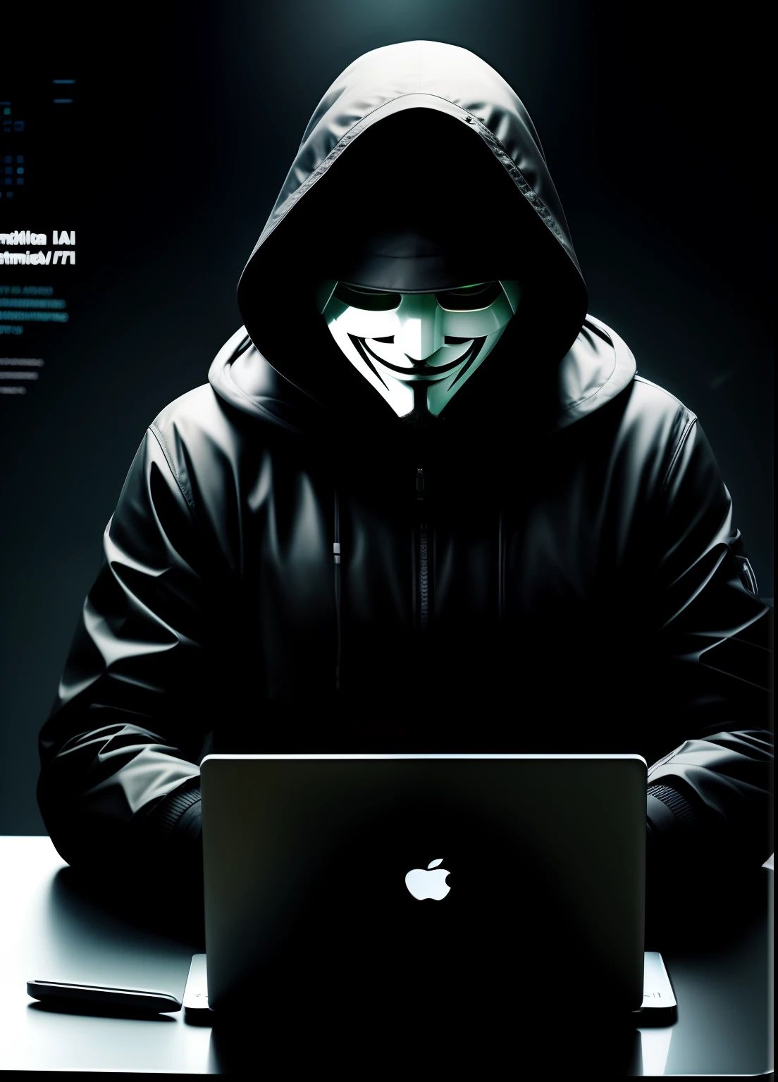 An anonymous hacker messing with a laptop, 8k (alta qualidade 1,1) evil artificial intelligence