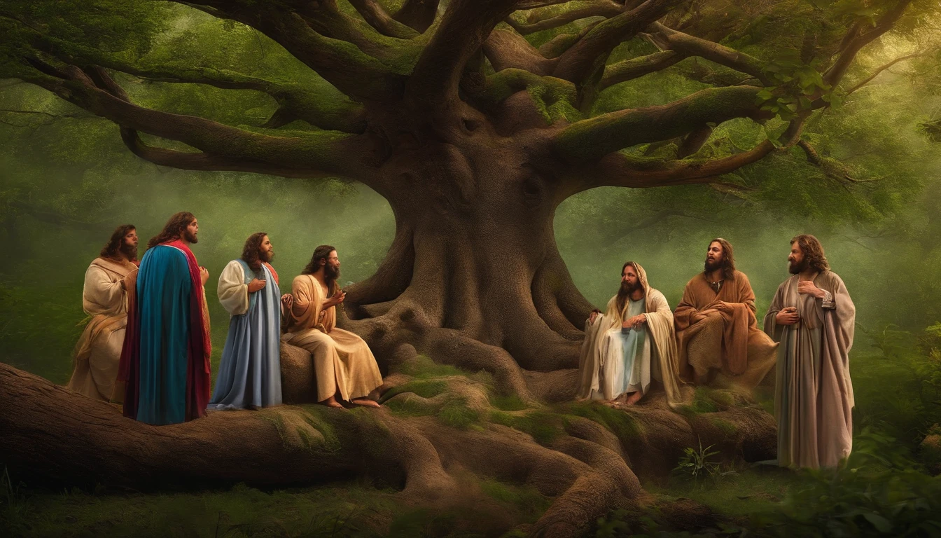 jesus sentado com um grupo de pessoas em baixo de uma arvore