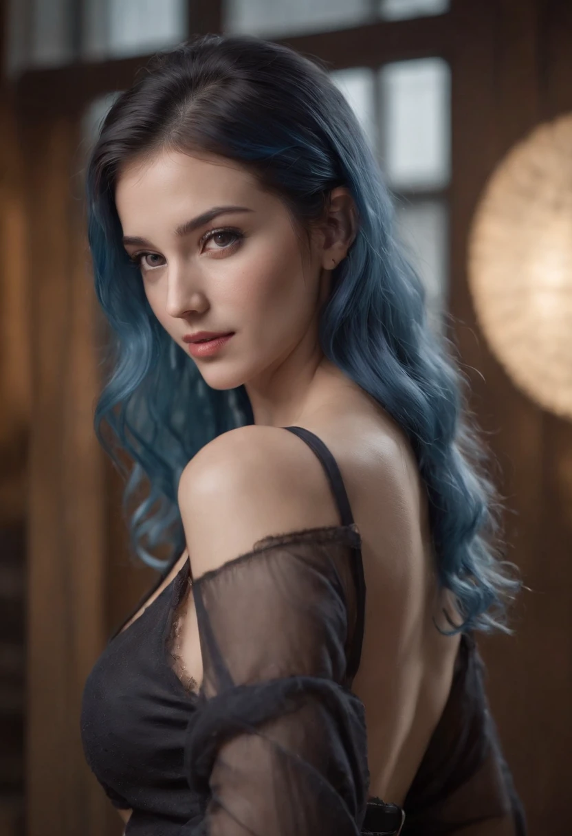 Highest quality, masterpiece, super high resolution, (photorealistic: 1.4), raw photo, (blue haired syrian woman), curly hair, hourglass figure, wide hips, plump thighs, 1 girl, off shoulder, garter belt, in the office, deep shadows, low key, cold light, background downtown, long hair, ponytail, Black clothes, half-undressed clothes, see-through clothes, (((looking at viewer)))
