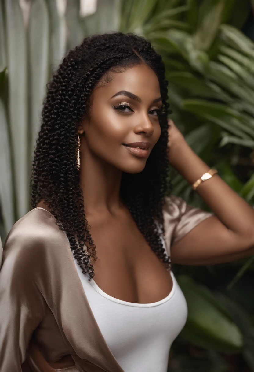 "imagem ultrarrealista de um lindo sul-africano de 19 anos, pele caramelo, Ultra-sharp face, usando uma blusa branca, peito pequeno, magro, cintura ultra fina, cabelos pretos, Cabelo liso ,bunda grande, ossos gigantescos do quadril, sentadas na cama, quarto simples, sorridente, olhos castanhos penetrantes."