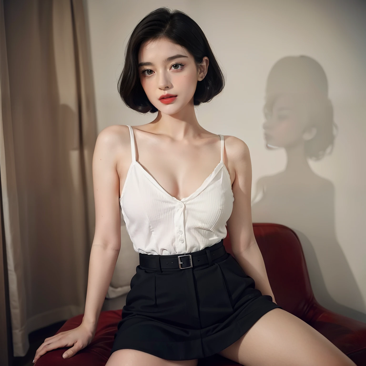 Mallory Malone's costume description is very detailed and、、、、、、、、、、、、、、Features a unique and interesting style. Upper body in underwear、A fitted black knee-length skirt with red accents creates a striking visual contrast. The addition of a black heel with ankle strap is、Adds a classy touch to the look. Apart from clothes, Vintage 1950s Bob Hairstyles、Adds a retro and timeless element to Mallory Malone's style. This type of hairstyle is、Known for its neat and short appearance, Typically、Jaw length with both ends turned inward. This hairstyle selection is、Add a vintage touch to the look、Complements Mallory's overall style. Makeup also plays an important role in the appearance of Mallory Malone. Although there are no specific details about makeup mentioned in the description, It is possible to imagine that she may be rocking a 1950s-inspired look.More radical poses,I see underwear,More radical poses,low angles,Underwear is visible from the skirt,Chest exposed,Posing like a man excites,Sit on a chair and spread your legs wide,Exposed white underwear,Chest exposed,Top image quality,High-definition face,