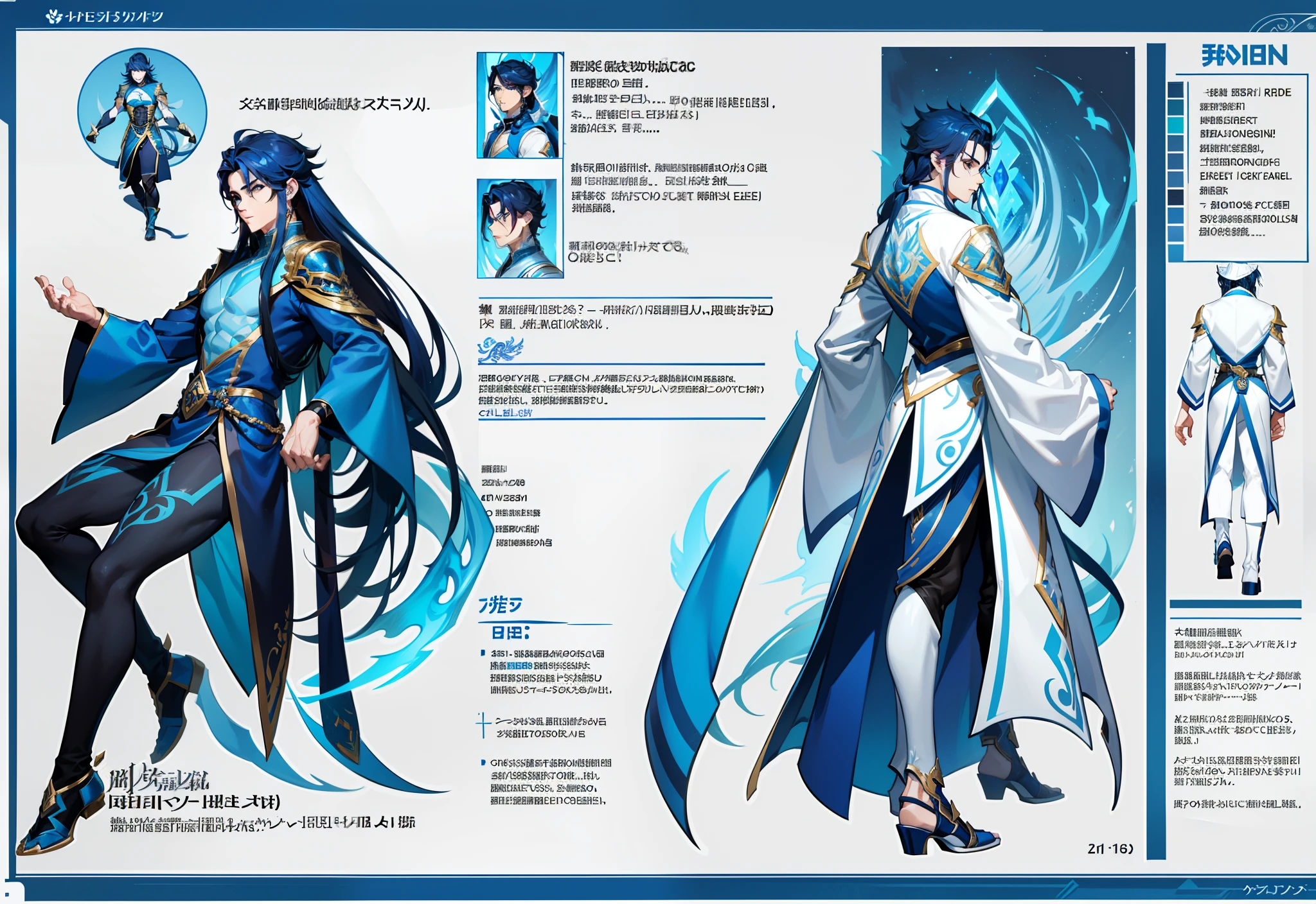 1boy, single, asian boy, reference sheet, character design, front angle, side angle, rear angle, dynamic poses, (masterpiece:1.2), (best quality:1.3), ice fantasy outfit, muscle body, athletic body. (Blue eyes), (long hair), (long bangs), (blue hair), (pale skin), lean (reference sheet:1.5)