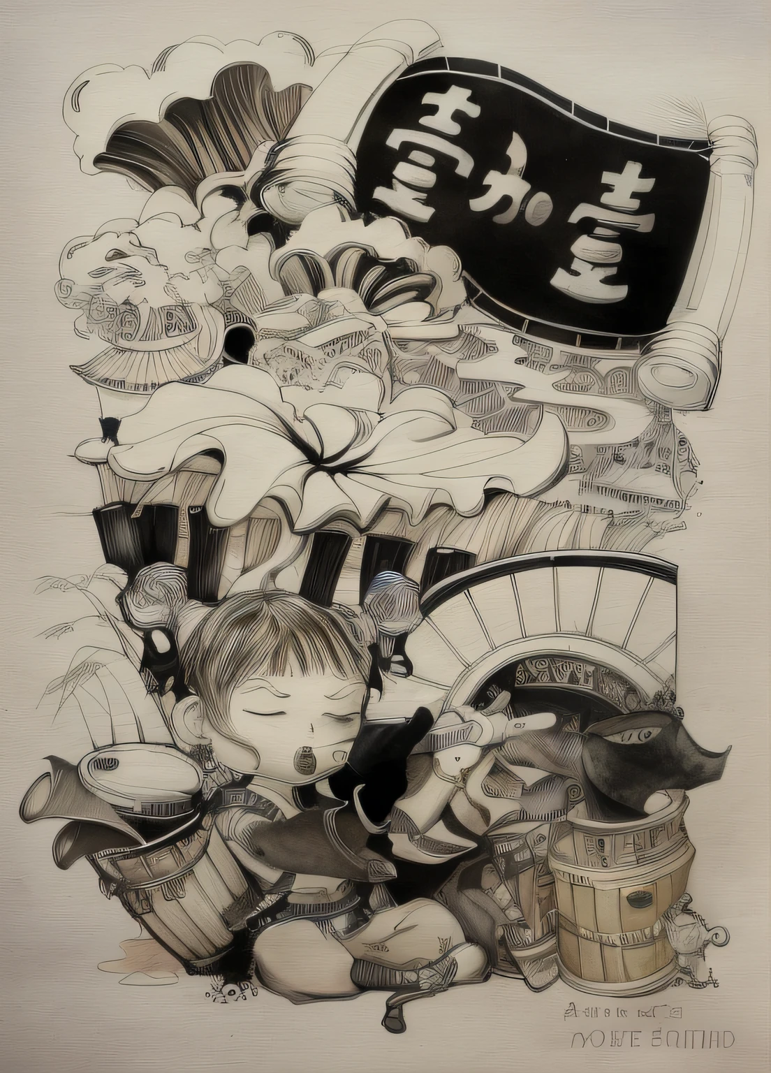 A painting of a woman and a child with a banner, chinese brush pen illustration, Elaborate ink illustration, extremely fine ink lineart, line art illustration, ink manga drawing, in style of katsuya terada, clean ink detailed line drawing, ink artwork, intricate manga drawing, inspired by katsuya terada, detailed ink drawing, inspired by Utagawa Yoshitaki