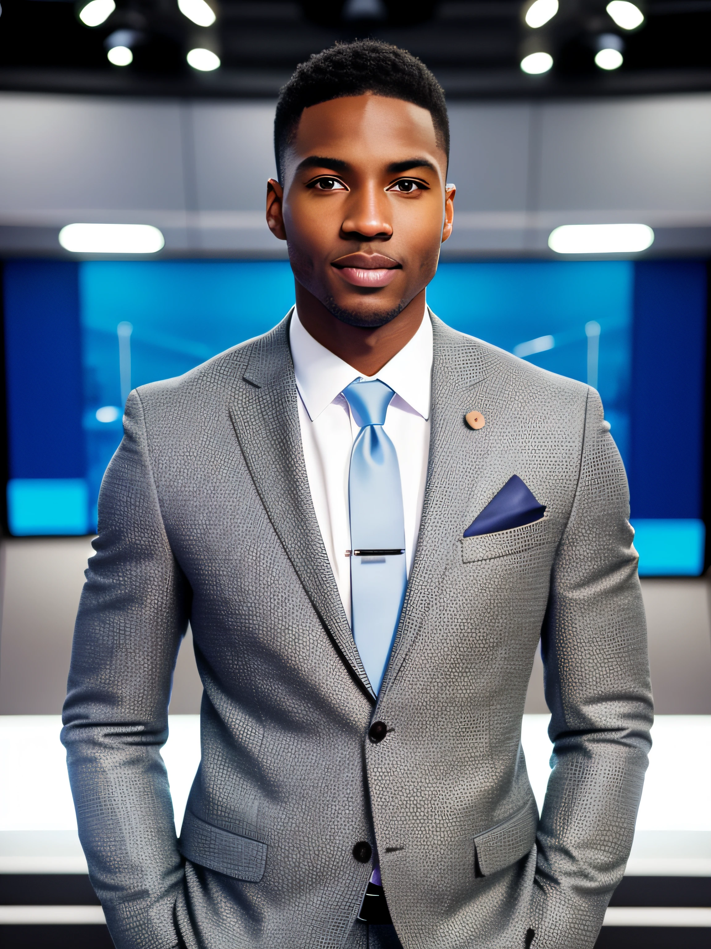 portrait, confident, Inspirational, man of black origin, fair skin, heterochromatic eyes, (skin texture), skin pores, shallow depth of field, sharp eye focus, backlit, tapered nose, standing, full body, news anchor room，Thin, tight suit, standing, full body, fortitude, tmasterpiece, professional photo