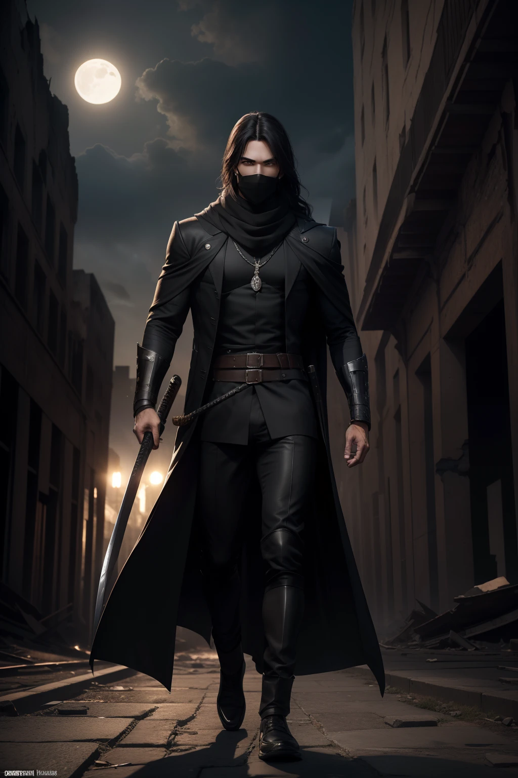 male, black mask, (RAW photo, 4k, masterpiece, very high resolution, extremely complex), (night), (moonlight), (realistic: 1.4), (full body), (full body), Lighting cinematic, (((a male character))) , Single focus, epic, medieval\(Style \ ), (best quality), (Very tall), (long, wavy black hair), (heavy black scarf), staring eyes , (full body black coat), (8k expressionless face), (brown eyes), (ULZZANG-6500:1.0), (only), (spectators), (glare), (side), (amid ruins old) ,((speed)),(reality), holding a katana