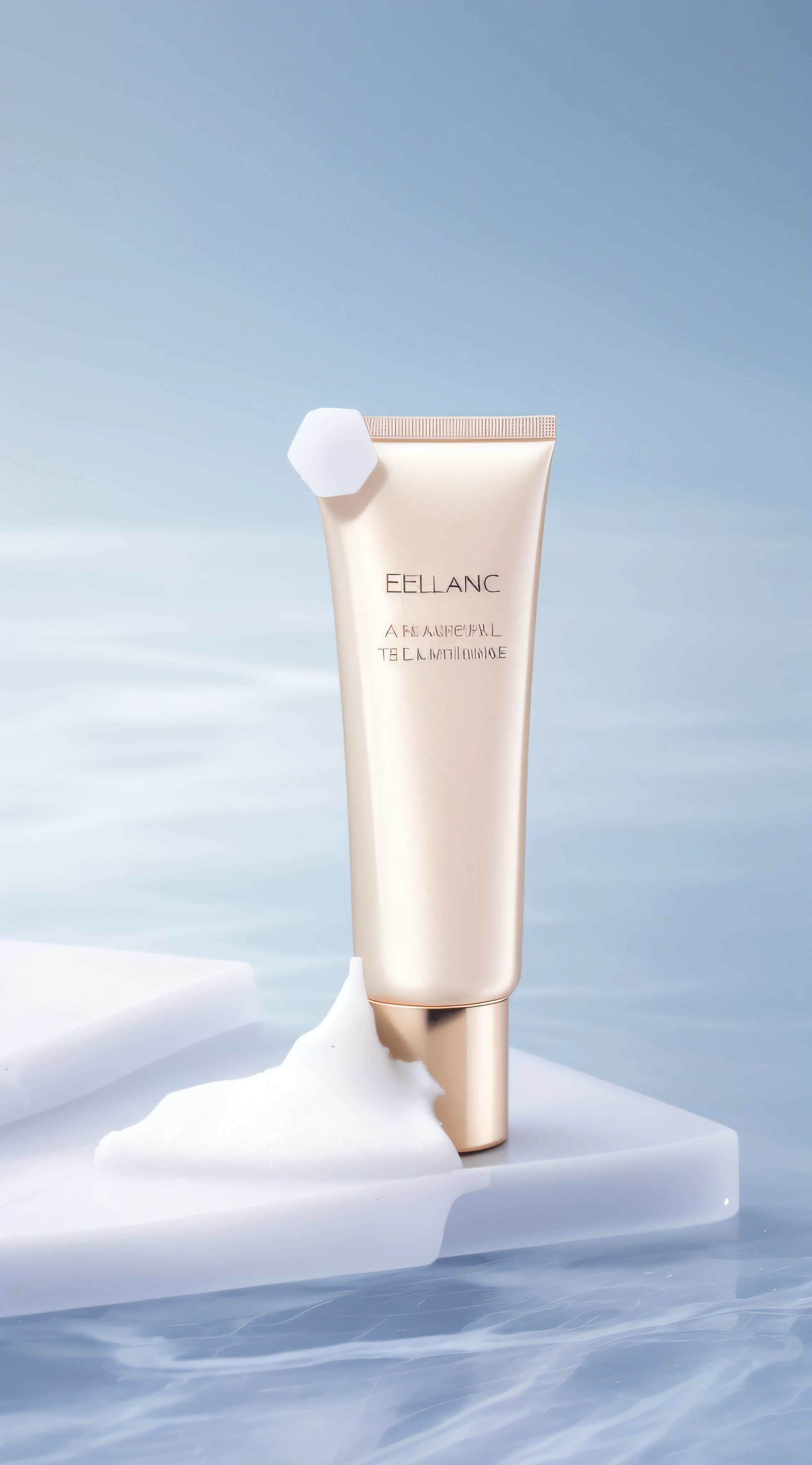 A tube of cream on a piece of ice, high quality topical render, textured base ; product image, marble white complexion, product introduction photos, Smooth porcelain skin, tempera, Official product image, Product photo, ellegance, everlasting, soft luminescent glow, author:Yao Tingmei, ProductAdvertisements, Detailed picture, Smooth translucent white skin, Hyper-detailed