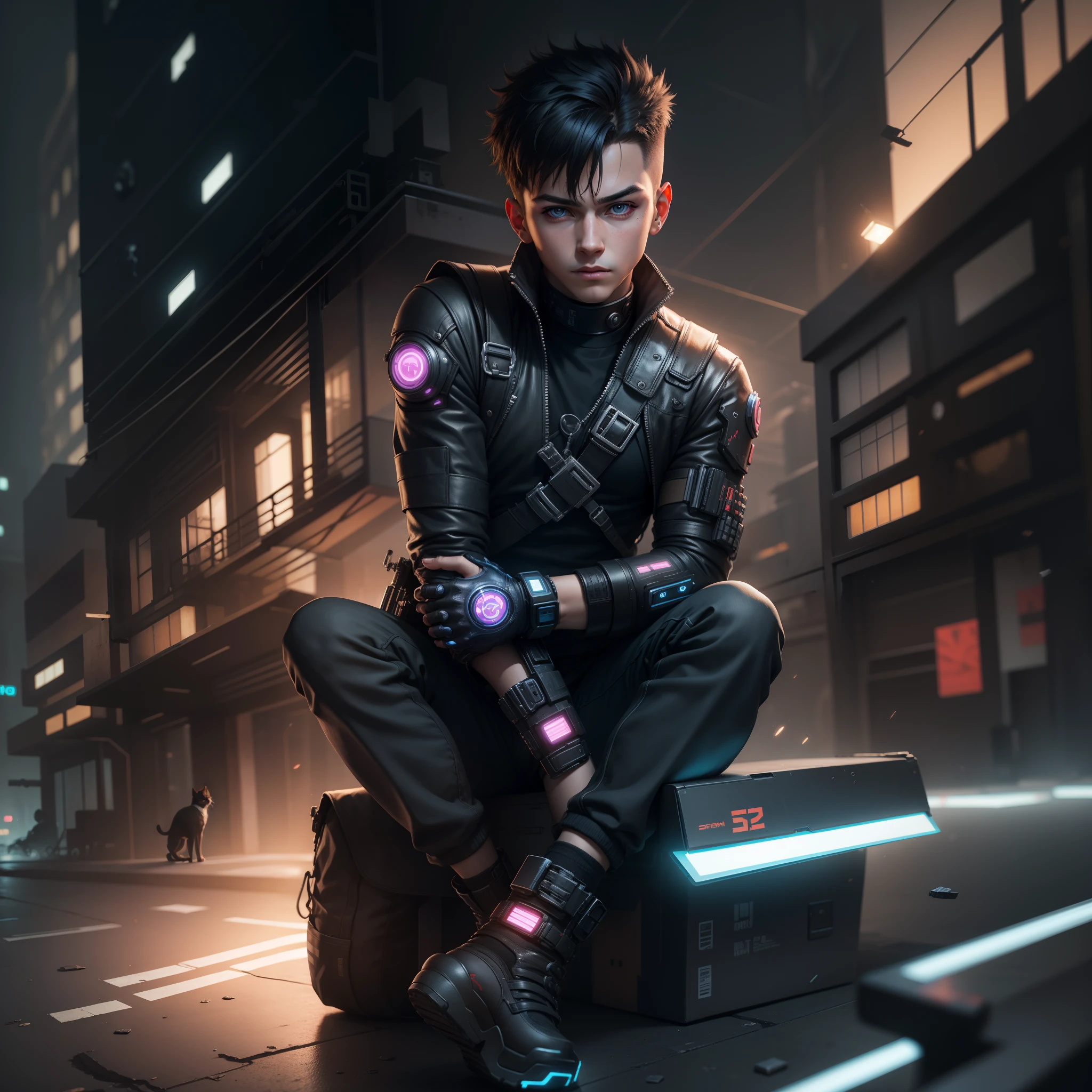 Change background cyberpunk hendsome boy realistic face, sk ultra realistic with cat