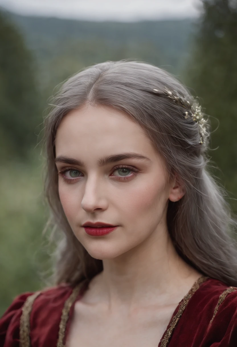(((A crimson wound streaked across her left cheek))) Fair complexion, A woman around 19 years old, Natural gray hair, Unique green eyes, Wear Cole, Slender and graceful, Beautiful, Candlelight in a medieval setting, super sharp focus, realistic lens, Medieval women's clothing, Four colors (Scar:1.4),Sitting in an ancient wooden wheelchair,Full body like,