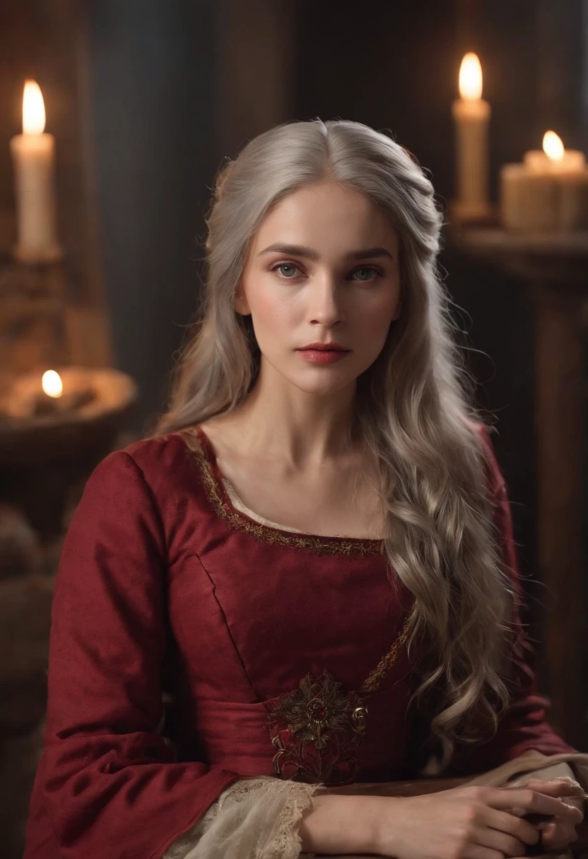 (((A crimson wound streaked across her left cheek))) Fair complexion, A woman around 19 years old, Natural gray hair, Unique green eyes, Wear Cole, Slender and graceful, Beautiful, Candlelight in a medieval setting, super sharp focus, realistic lens, Medieval women's clothing, Four colors (Scar:1.4),Sitting in an ancient wooden wheelchair,Full body like,