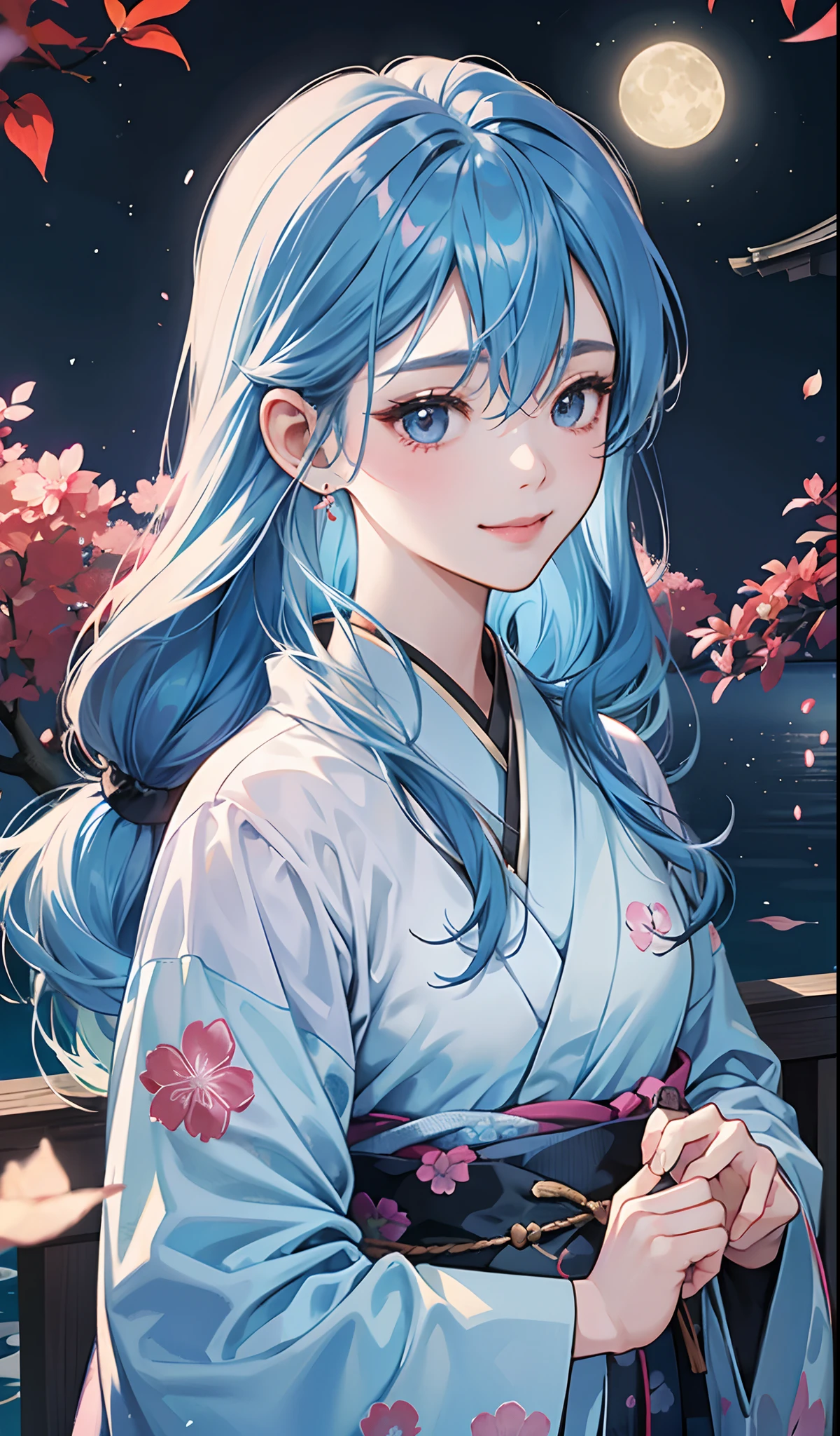 Beautiful girl alone、sky blue hair、length hair、a smile、Black eyes、独奏、Kimono with a bright floral pattern、lonely、Colored leaves、natta、a moon