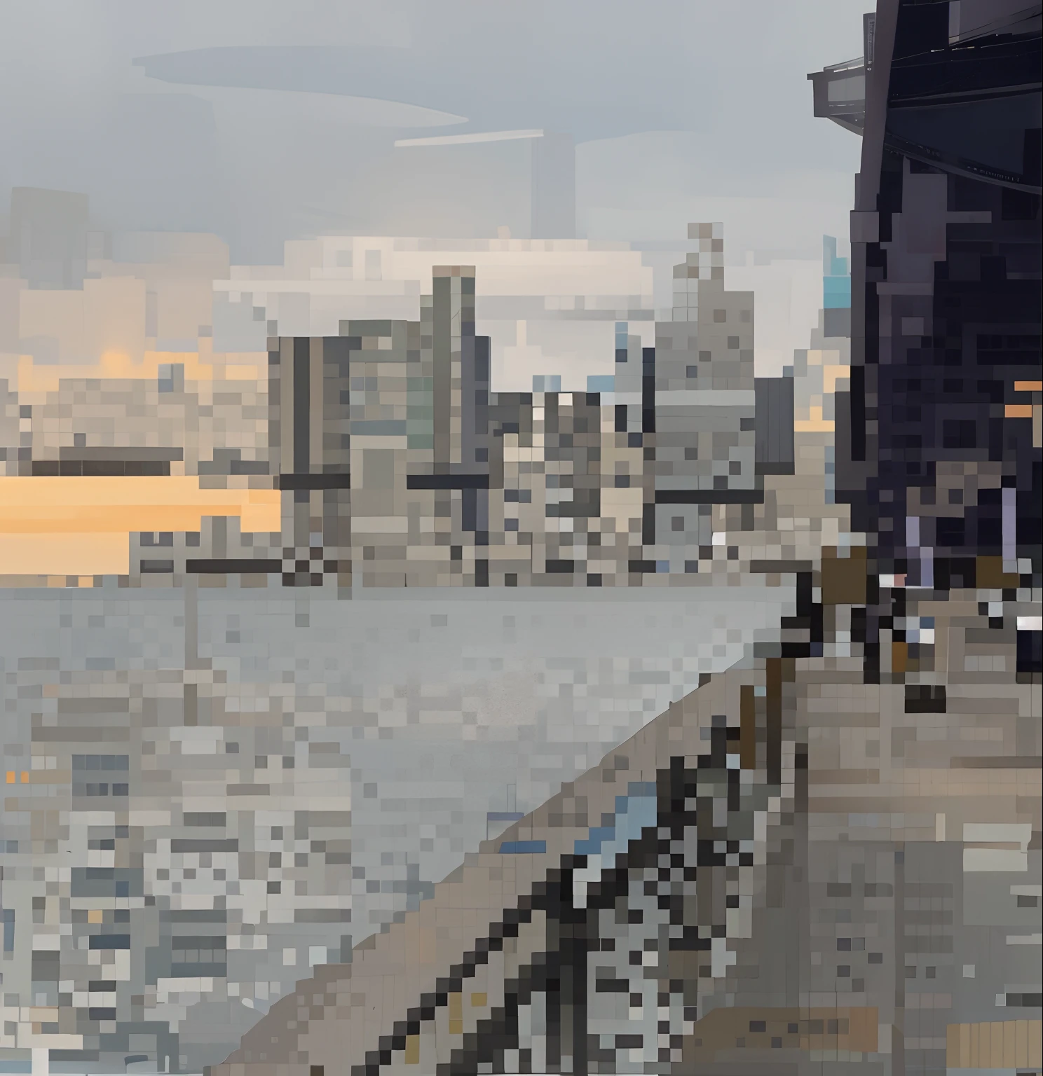there is a man that is standing on a dock with a umbrella, new york city as backdrop, city in background, city in the background, postprocessed), skyscrapers in the distance, nyc, surrounding the city, skyscrapers in the background, city in backround, the photo was taken from afar, blurry and glitchy, slightly pixelated