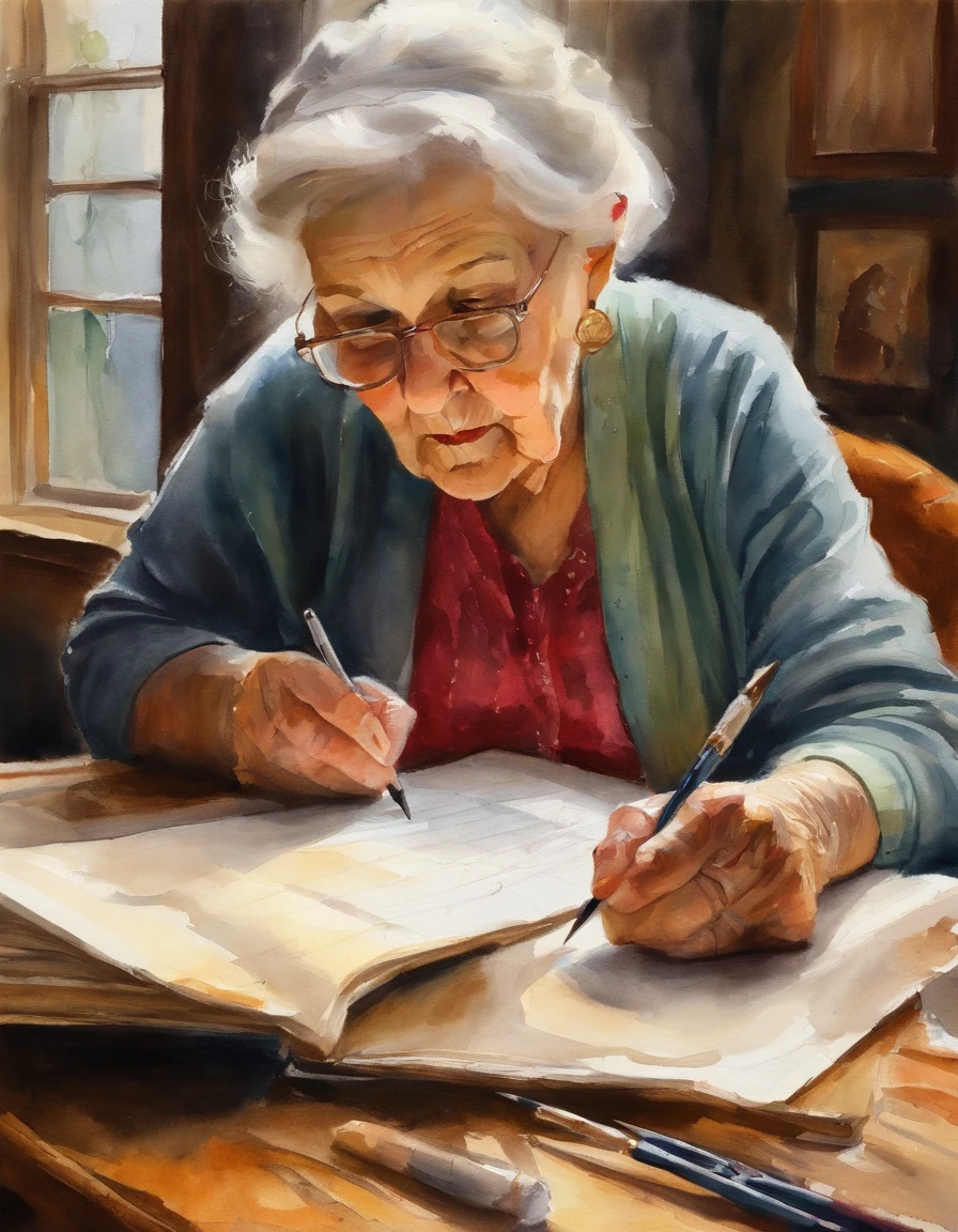 An old grandmother grading homework on her desk,Thick painting style