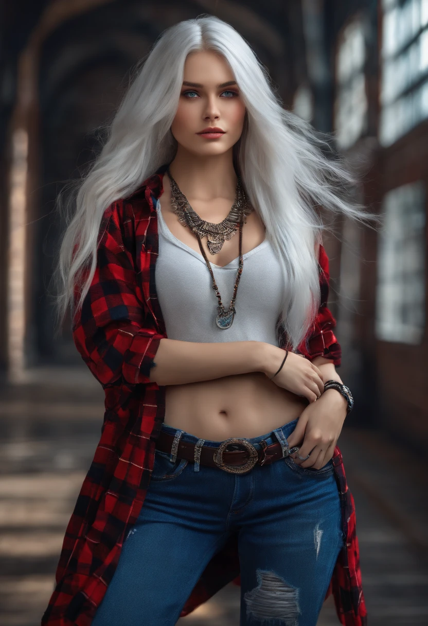 1girl, long white hair, blue eyes, open red plaid shirt, ripped blue jeans, necklace, high res, ultrasharp, 8k, master piece, looking at viewer