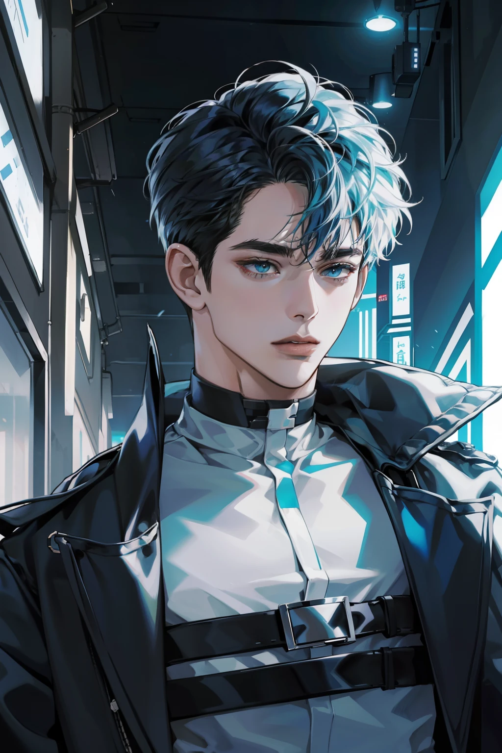 Chico anime con cabello azul vibrante, Con auriculares elegantes y un atuendo cyberpunk de moda. Completa el look con una gargantilla de moda.