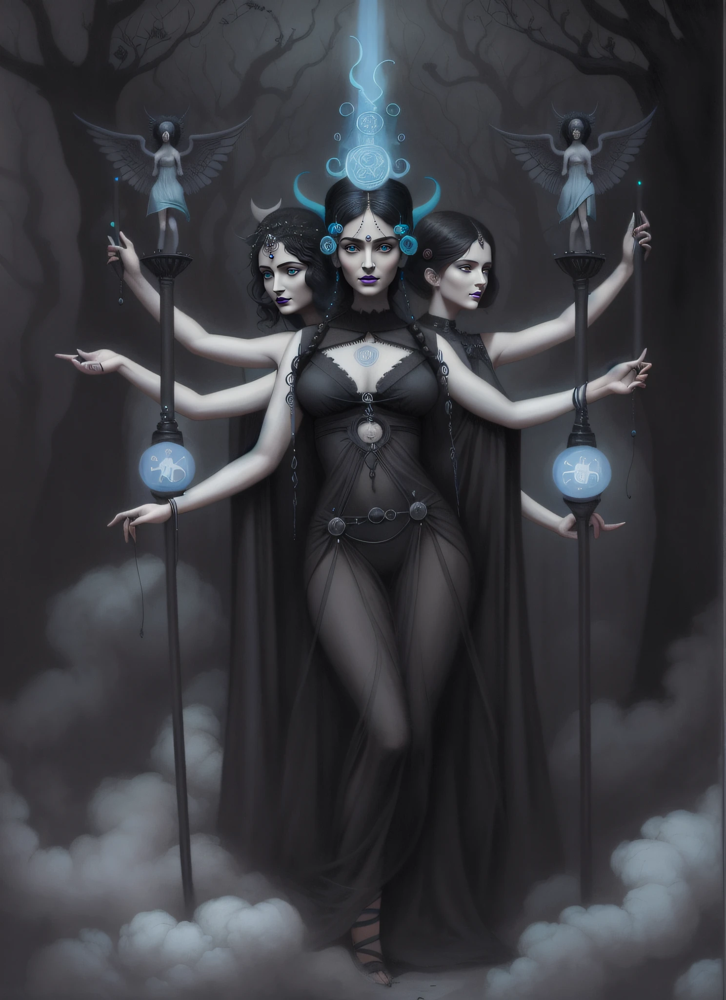 Hecate, the goddess of magic, seated on an obsidian throne amidst a swirling vortex of midnight blue and deep purple, her ebony hair cascading like liquid shadows, her eyes aglow with arcane power, an aura of mystic energy emanating from her, Sculpture, sculpted from obsidian and infused with phosphorescent pigments, --ar 16:9 --v 5