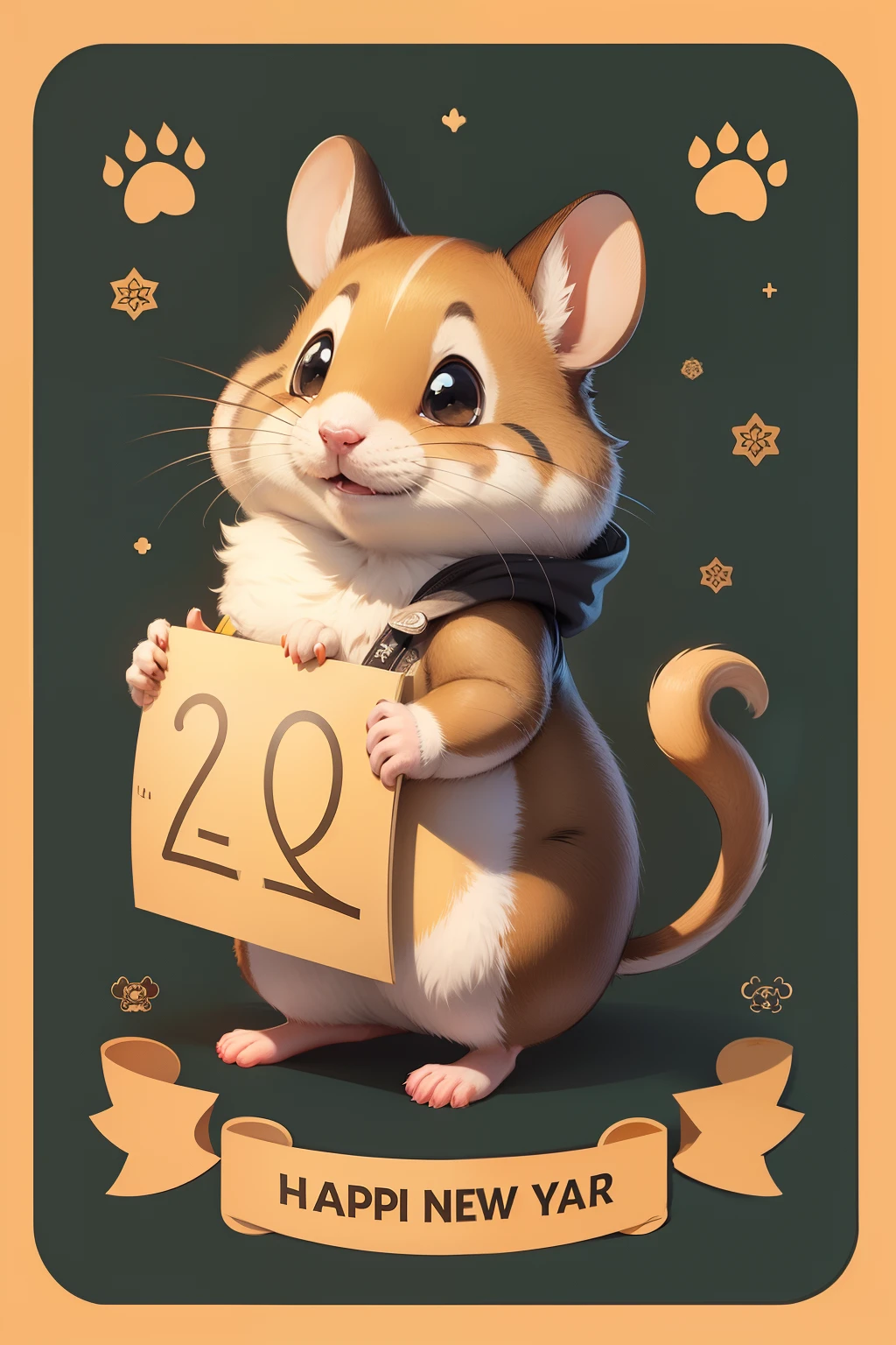 Cartoon mouse close-up，Hold a sign in the paw, ratz, Fluffy yellow belly, Round cute face, ratz, rodent, photo of a hamster, with round face, cute single animal, cute character, cute animal, shui mo hua, cute illustration, round cheeks, hd illustration, big round cute eyes，a happy new year， red colour， zodiac