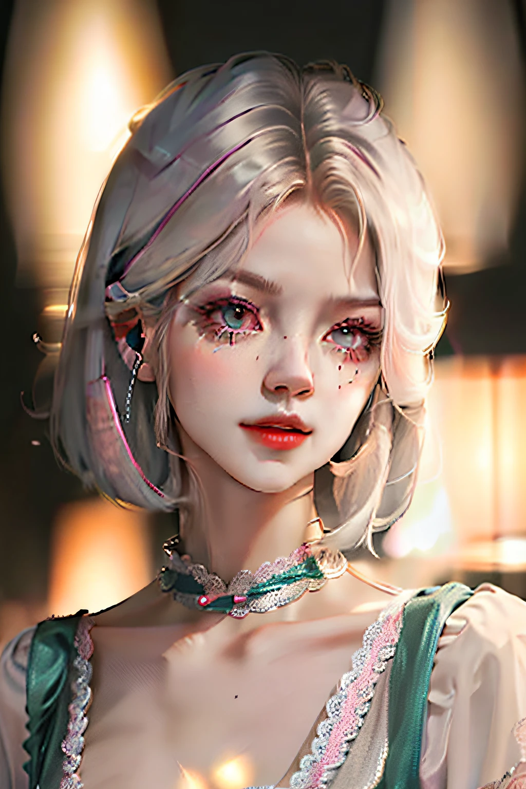 Virtual Host,interaction,VR,microphones,Live streaming,Silver short bob hair,Pink eyes,stage,lamplight,Earphone