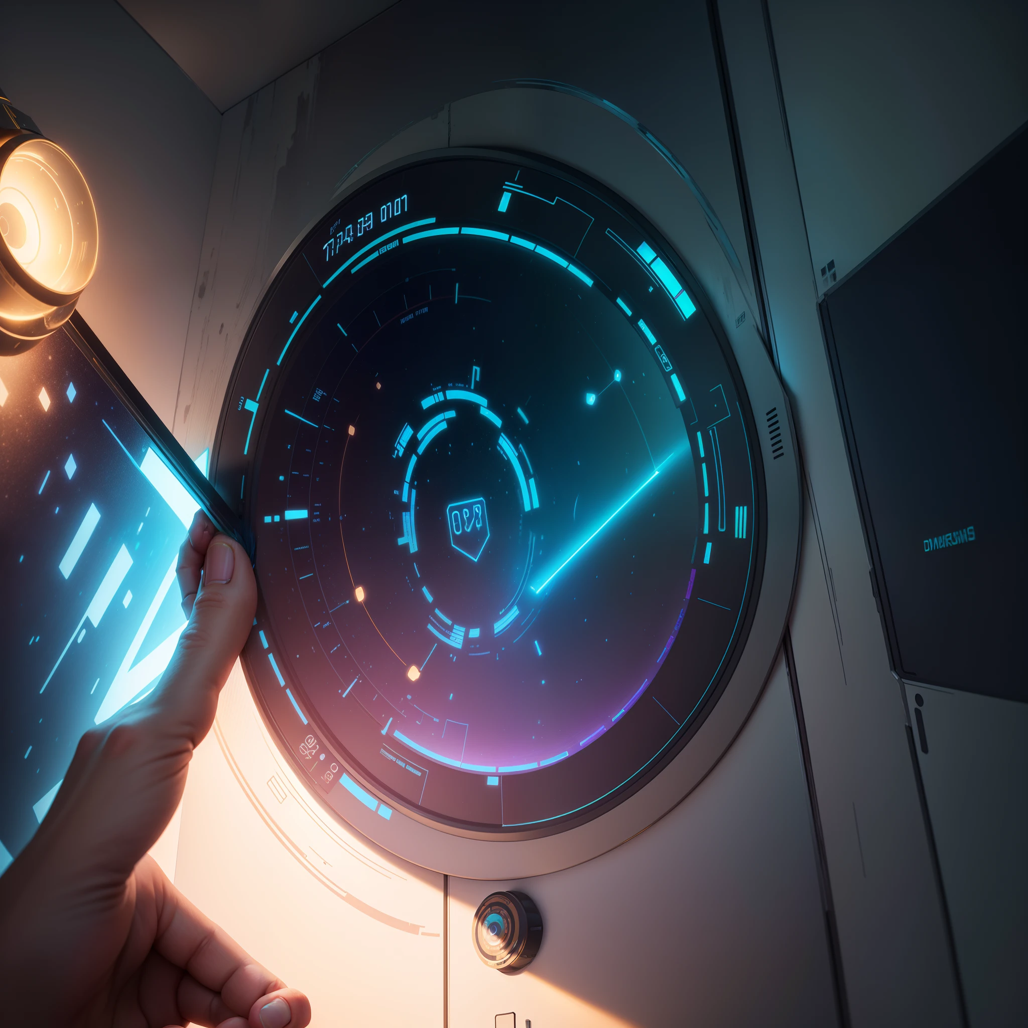 A smart watch displaying on it's screen A hologram marble crystalline wall mounted on a paint brush and painting board, with iridescent light, highly detailed images, vibrant beautiful colours, photorealistic image, 32k, ultra HD, unreal engine rendered, cinematic lighting, artgerm style,   sci-fi art, star wars hologram inspired art