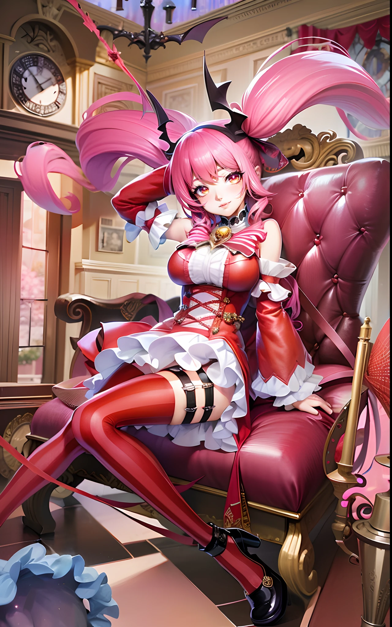 tmasterpiece,HighestQuali,anime - style image of a woman in a pink outfit sitting in a chair, cushart krenz key art feminine, splash art anime loli, from the azur lane videogame, shalltear bloodfallen, portrait of magical girl, azur lane style, official artwork, detailed key anime art, shalltear from overlord, candy girl