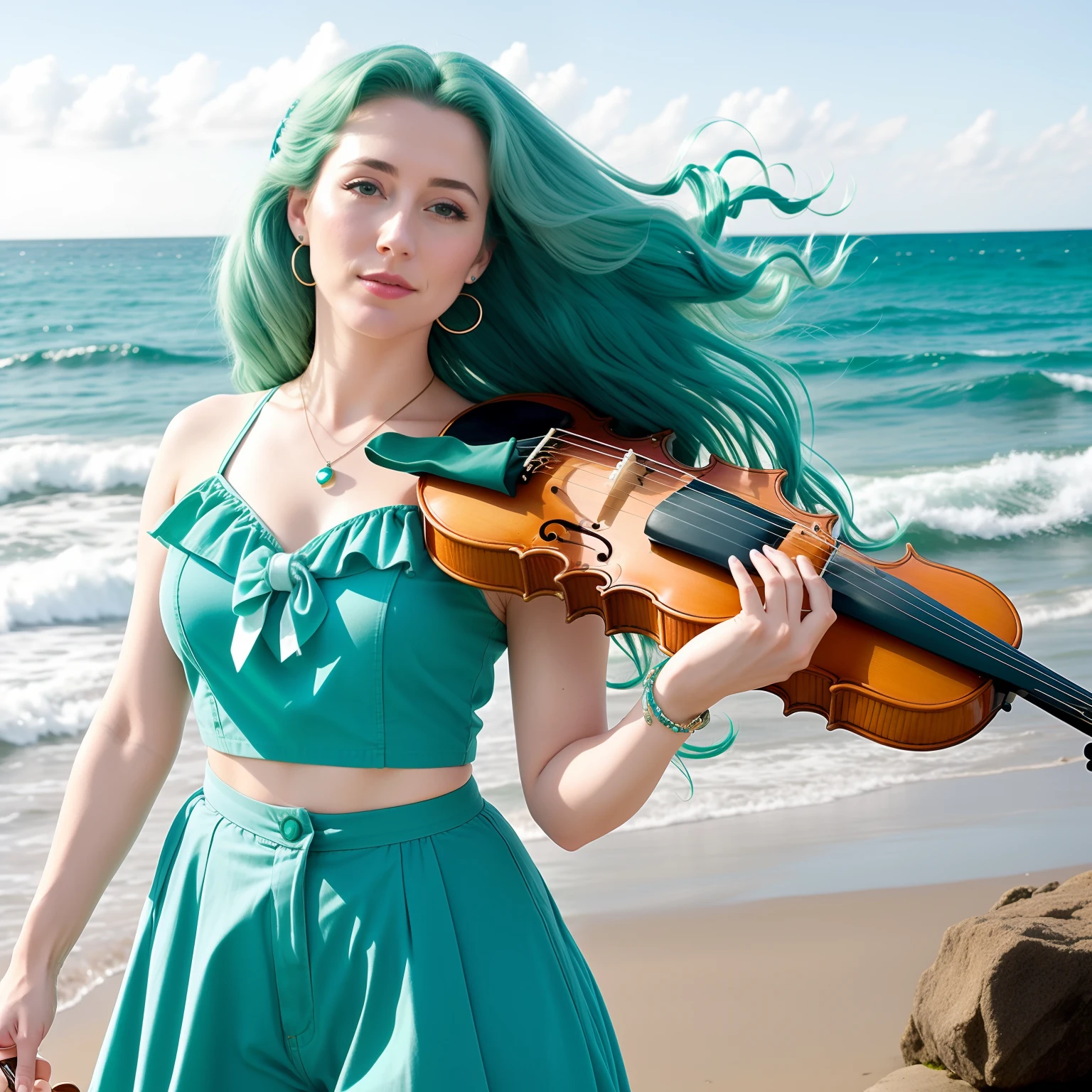"(Mature and realistic portrayal:1.2) Sailor Neptune exuding confidence as she holds a violin, her sea-green hair cascading down, adorned in stylish sea-green denim clothes from the 2000s, with a backdrop filled with hair bows."