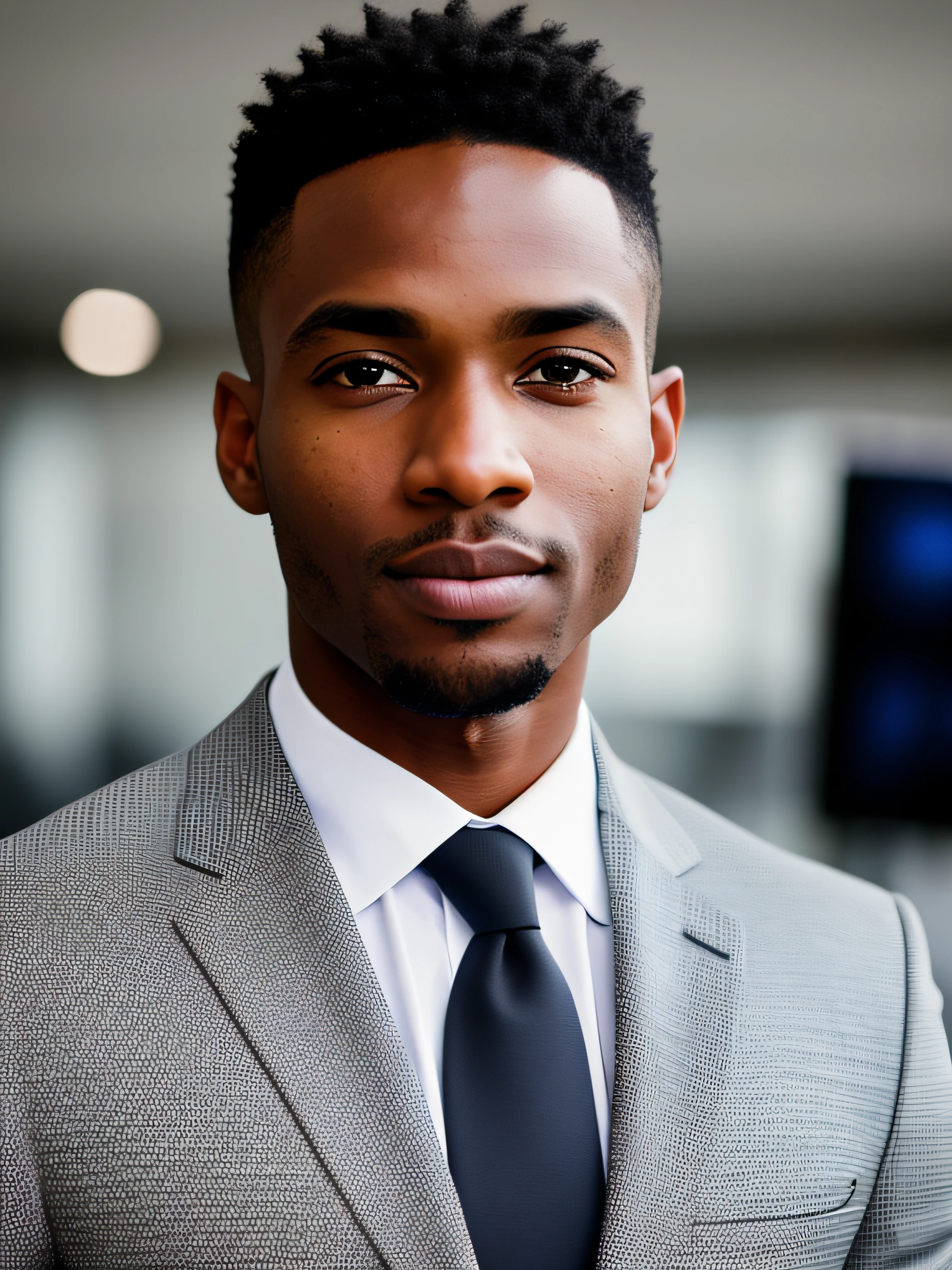 portrait, confident, Inspirational, man of black origin, fair skin, heterochromatic eyes, (skin texture), skin pores, shallow depth of field, sharp eye focus, backlit, tapered nose, standing, full body, news anchor room,Thin, tight suit, standing, full body, fortitude, tmasterpiece, professional photo