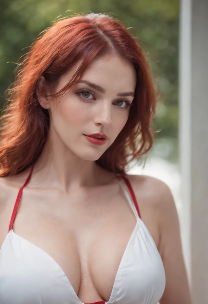 A beautiful girl wearing white open button shirt and red bikini, gagintic boob, white skin, speard leg, red hair, green eyes,
