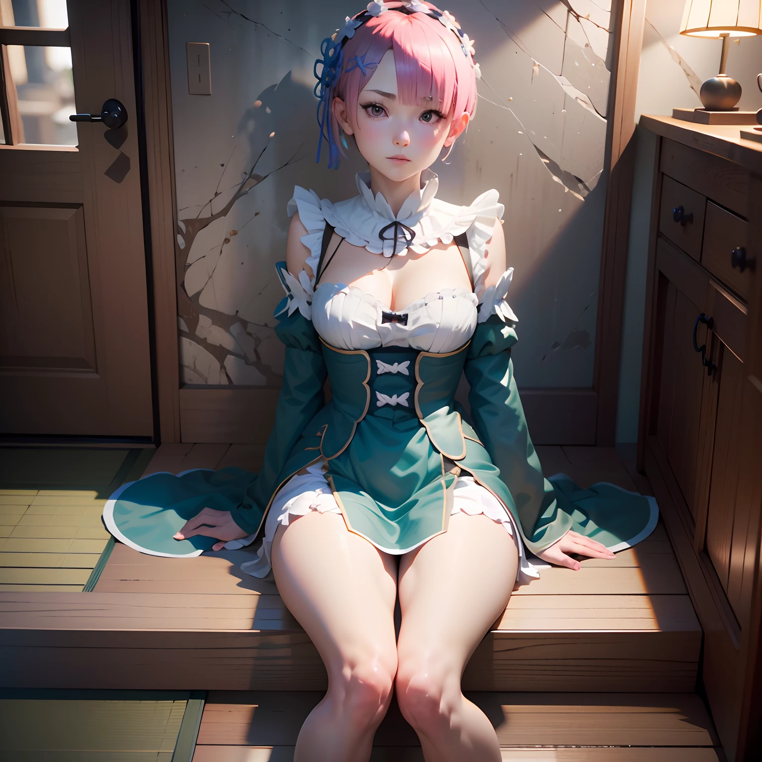 (garota hiper realista:1.2), ((Ram de 18 anos)), (re;zero), corpo inteiro, single body, olhando para frente, sitting on ground, (coxas internas expostas), joelhos dobrados, (cabelo curto), (cabelo rosa), middlebreasts:1.3, Quarto feminino, Traditional Japanese Room, Hiper realista, cinematic lighthing, (octan render), ray tracing