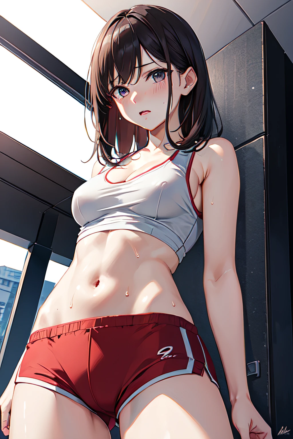 the Extremely Detailed CG Unity 8K Wallpapers,Best Quality,masutepiece,Extremely detailed,Realistic,NSFW,1girl in,A Japanese Lady,(Small breasts:1.4),cleavage,Toned and glamorous body,(Tank Tops:1.3),(Hot Pants:1.3),Medium Hair, Brown hair,Seductive face,Sweating:0.5,(Breast squeeze:1.5),((gym)),From below,