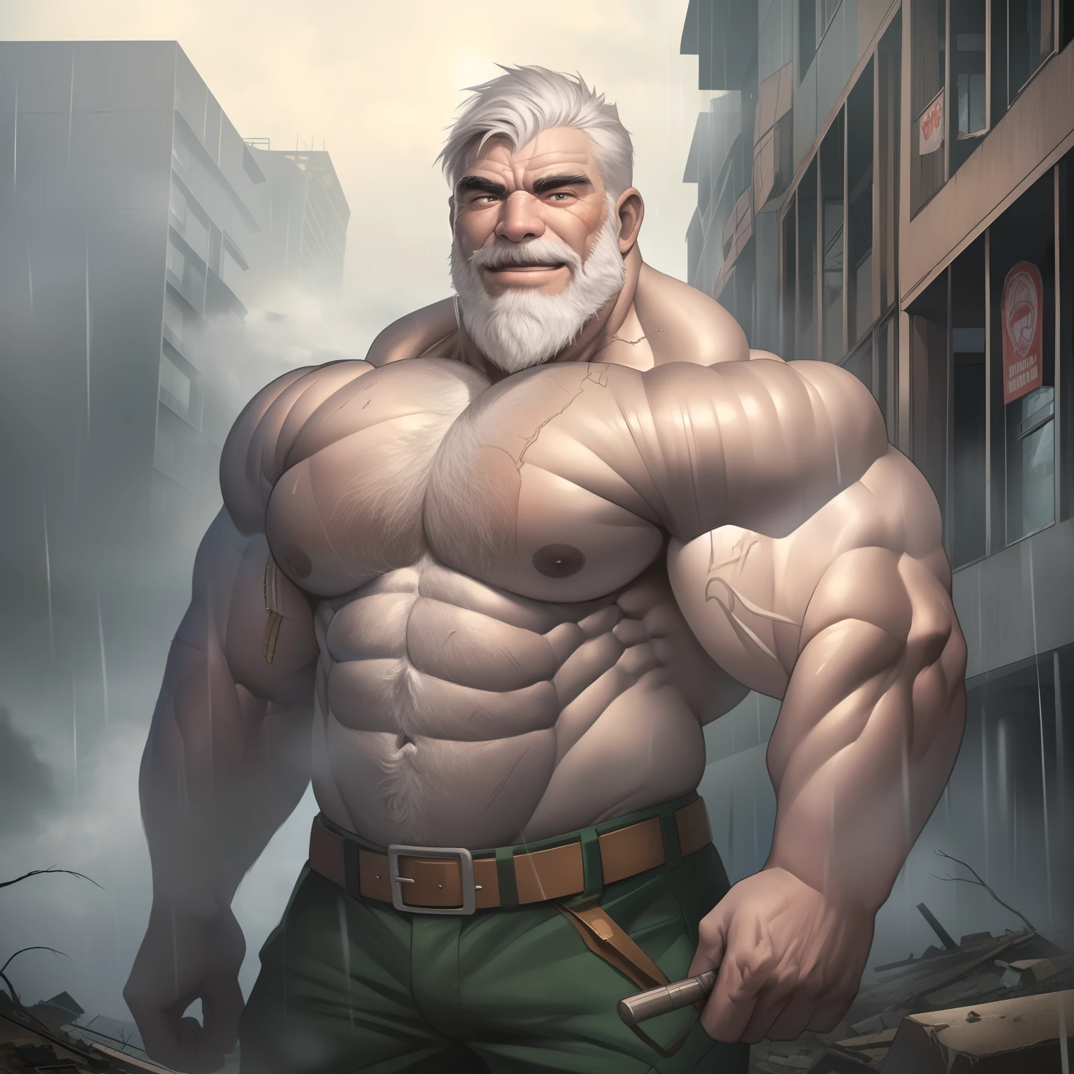 extremely detailed, detailed face, detailed eyes, detailed muscle, (view full body), ((1man)), ((stronges man)), (object (big muscular old man man standing with face up looking happy expression behind the building)), the old man is soldier and wearing soldier uniform, old man (big muscular, big muscle, bodybuilder, facial hair, beaded, white beard, battel scar face, short hair, white hair, strong character, strong muscle), (background ((heavy rain, fog, overcast sky, gray clouds, waster land, post-apocalypse, ruined city))), (photography (50mm lens, cinematic, cinematic color))