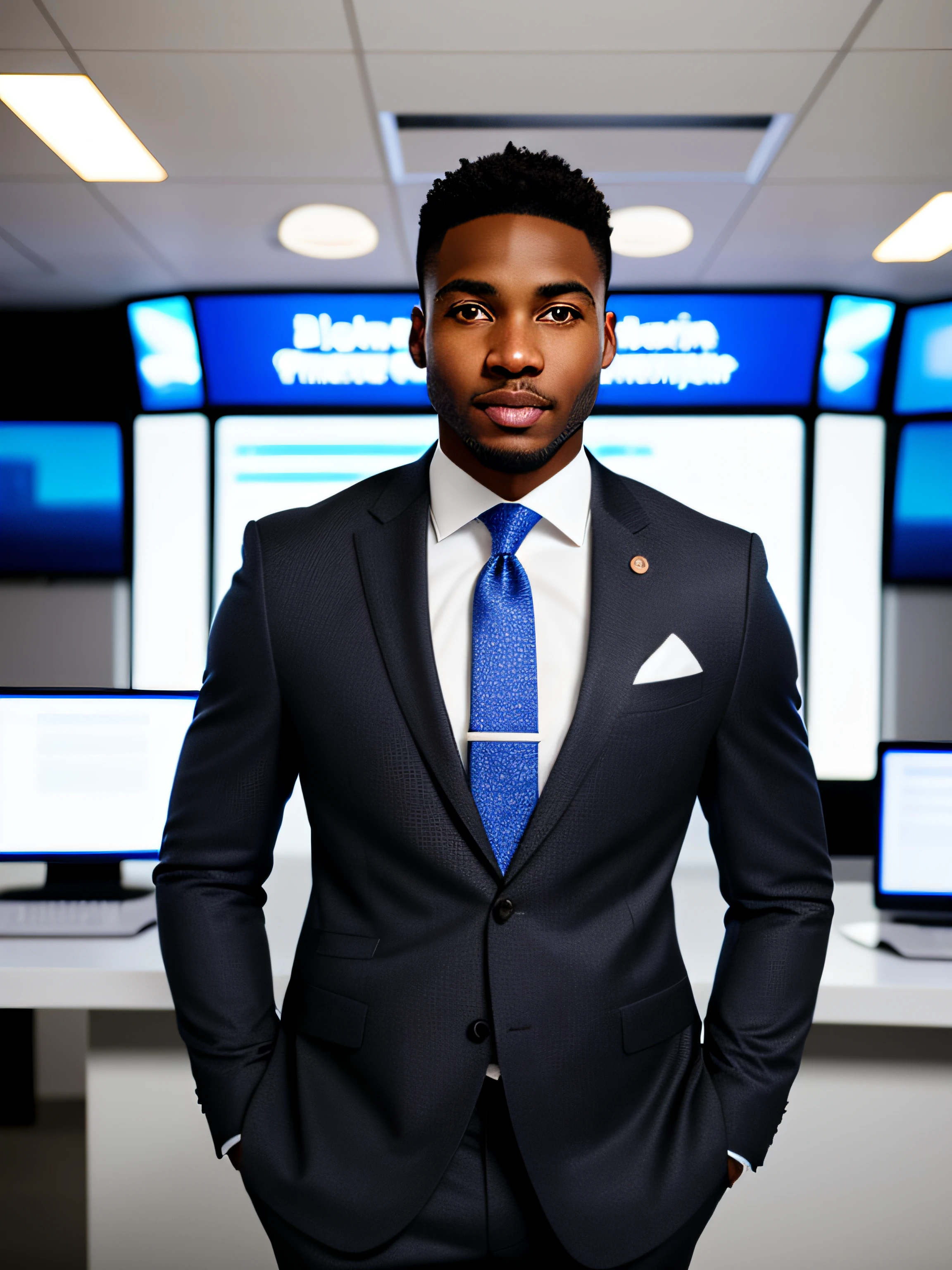 portrait, confident, Inspirational, man of black origin, fair skin, heterochromatic eyes, (skin texture), skin pores, shallow depth of field, sharp eye focus, backlit, tapered nose, standing, full body, news anchor room，Thin, tight suit, standing, full body, fortitude, tmasterpiece, professional photo