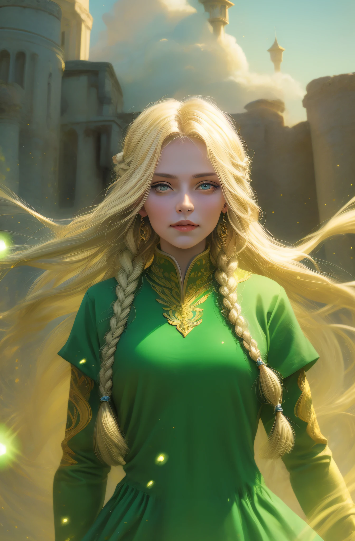 best quality, masterpiece, upper body,
(adult:1.6) ukrainian woman, (smirk:0.4),
braided blonde hair,
emerald eyes,
medieval sundress,
floating light particles, centered,