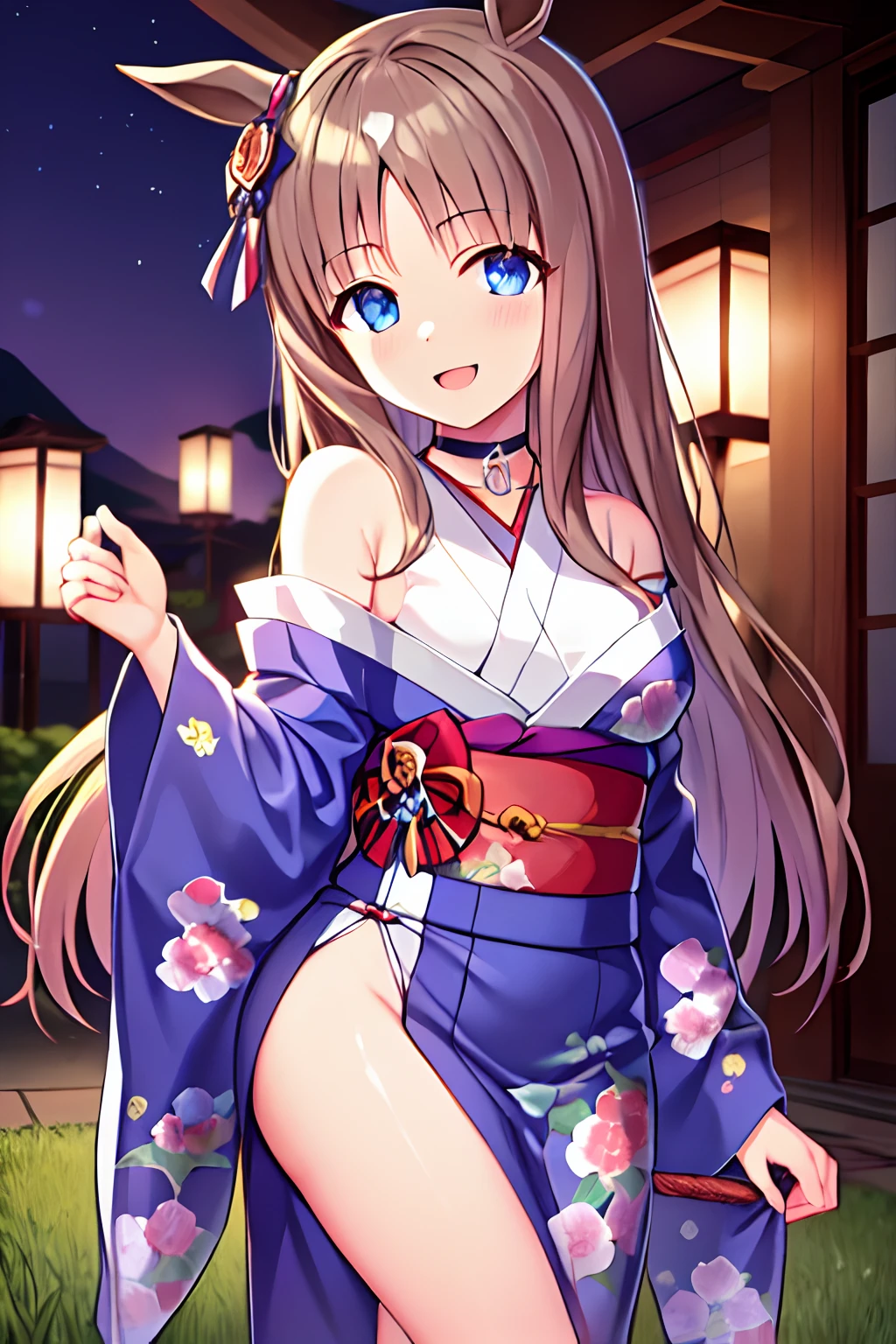 night, Japanese style room,
daring smile, usual look, open mouth, 
extremely thin waist with constriction, medium breast, very slender girl, beautiful bodyline, 
cyber choker, wearing choker, 
Grass Wonder (umamusume), ***********, short stature, early teens girl, short girl,
kimono, furisode, bare shoulder,