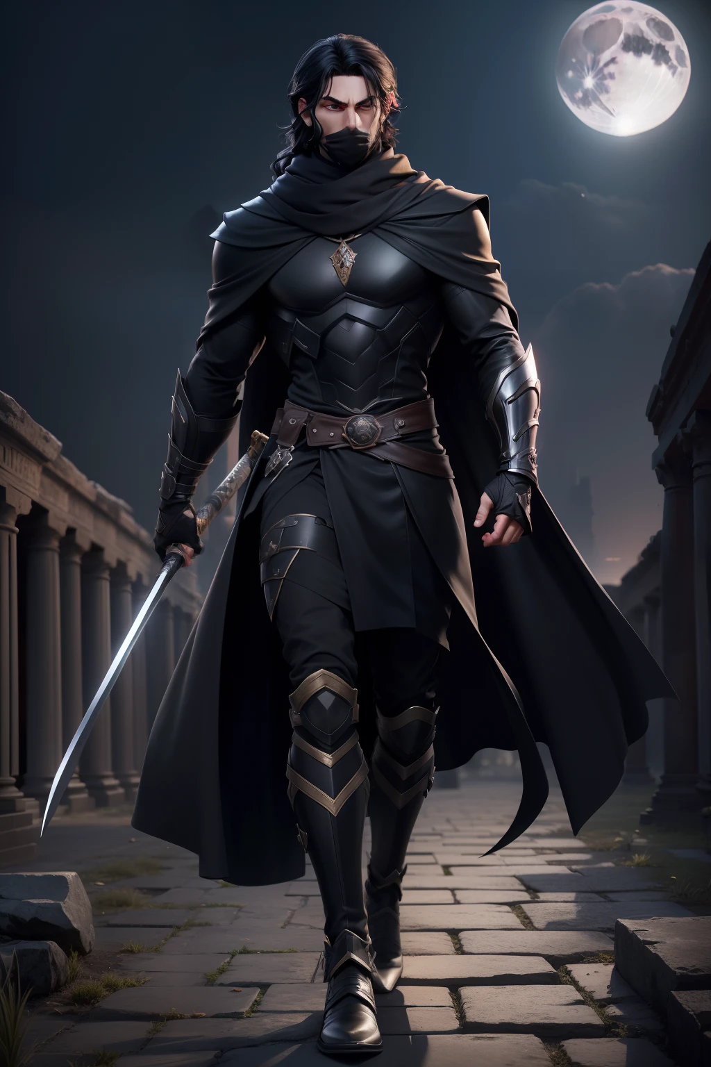 male, black mask, (full body), Cinematic lighting, (((a male character))) ,(long, wavy black hair), (heavy black scarf), staring eyes, (full body black coat), (face unimpressive 8k), (brown eyes), Single focus, epic, medieval\(Style \ ), (best quality), (ULZZANG-6500:1.0), (only), (viewers), (brightness), (side) , (amid ancient ruins) ,((speed)),(reality), (RAW photo, 4k, masterpiece, very high resolution, extremely complex), (night), (moonlight), (realistic: 1, 4), holding a katana