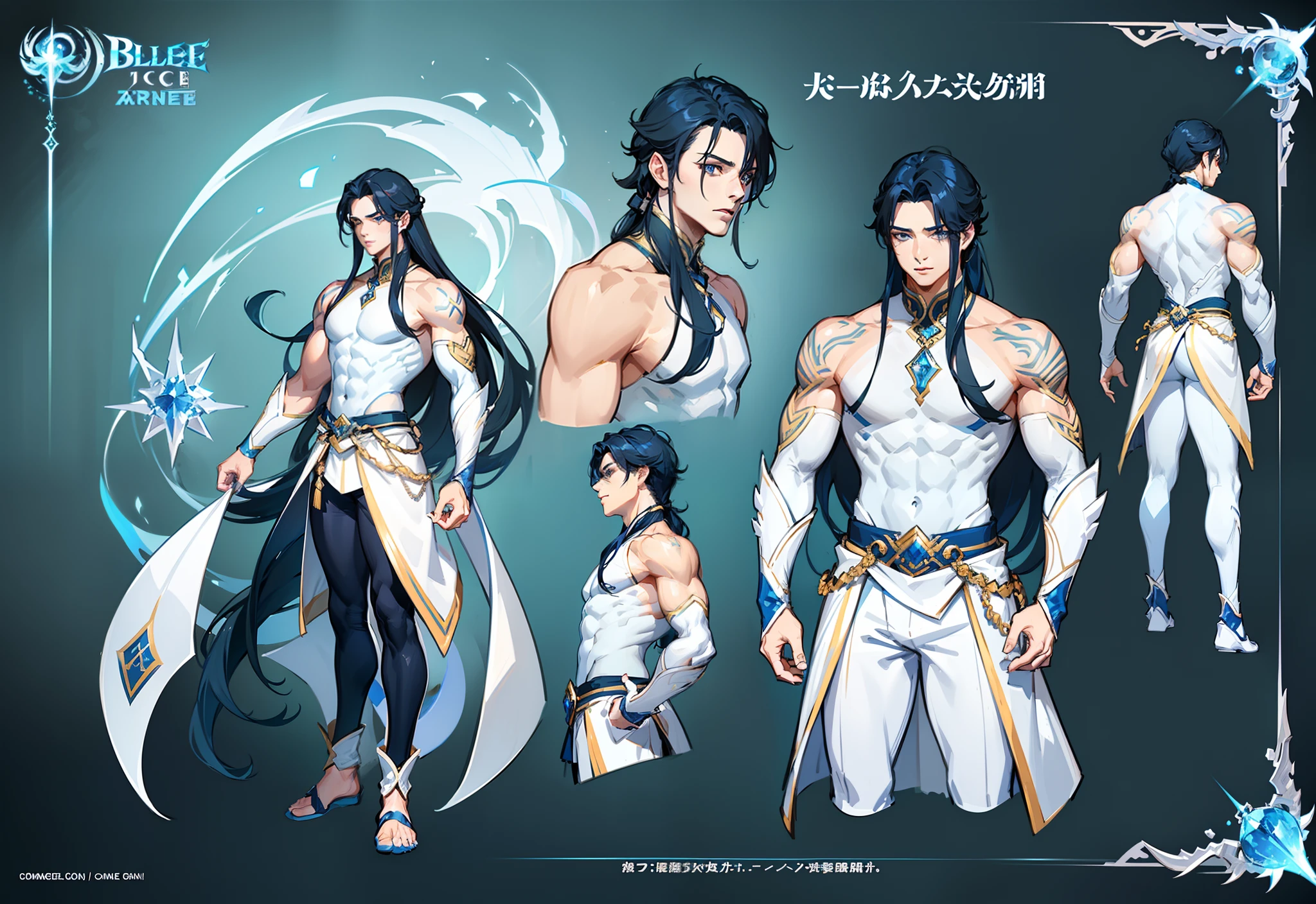 1boy, single, asian boy, reference sheet, character design, front angle, side angle, rear angle, dynamic poses, (masterpiece:1.2), (best quality:1.3), ice fantasy outfit, muscle body, athletic body. (Blue eyes), (long hair), (long bangs), (blue hair), (pale skin), lean (reference sheet:1.5)